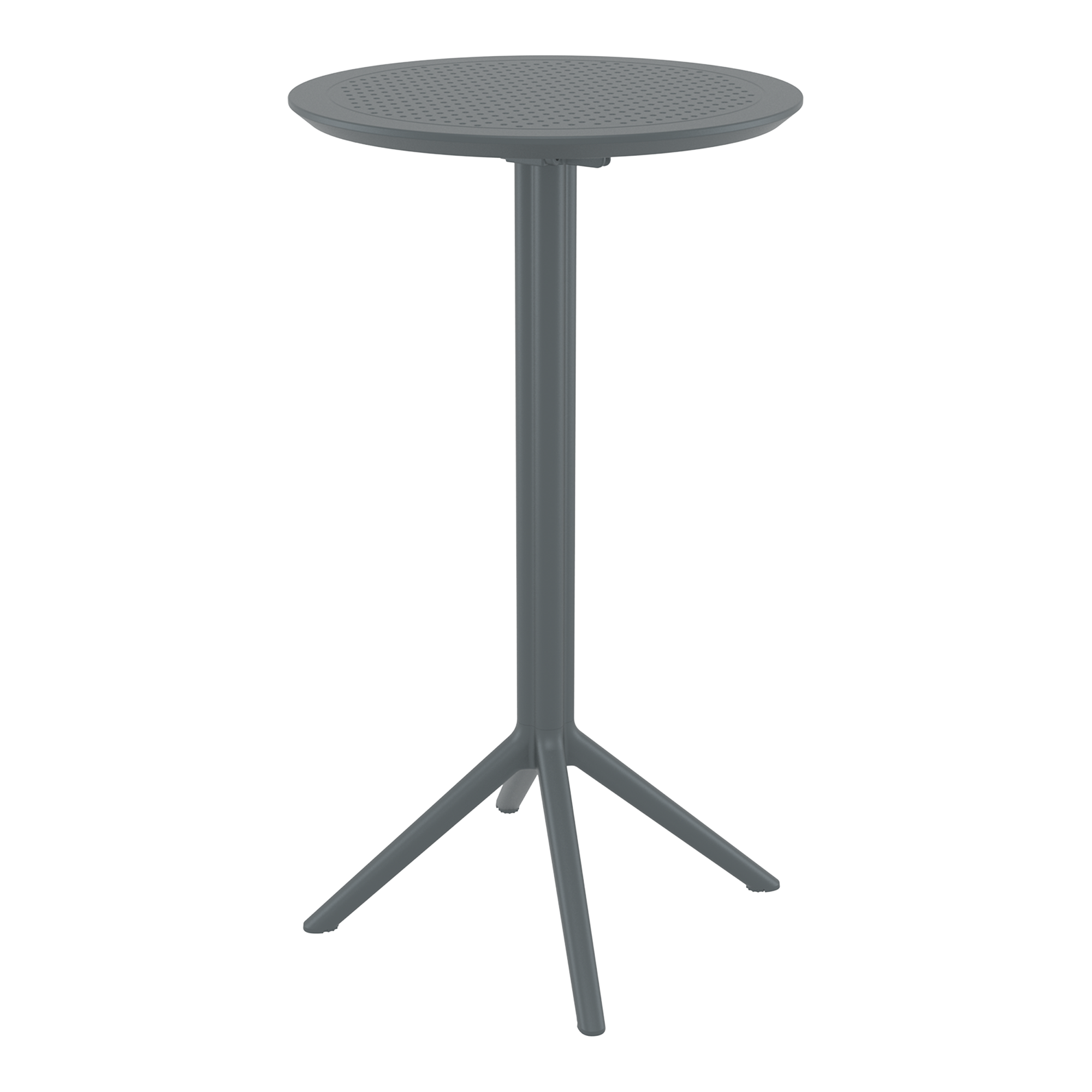 Sky Folding Bar Table - 60cm Diameter - Dark Grey with a round perforated top and sturdy tripod base, designed for commercial use and easy folding storage in hospitality settings.