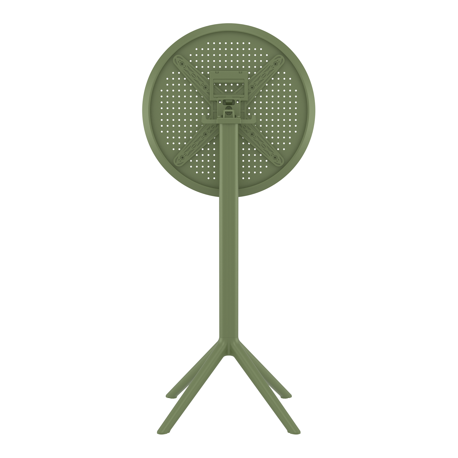 Underside view of the Sky Folding Bar Table - 60cm Diameter - Olive Green, showing its folding mechanism and sturdy tripod base for easy storage and commercial use.