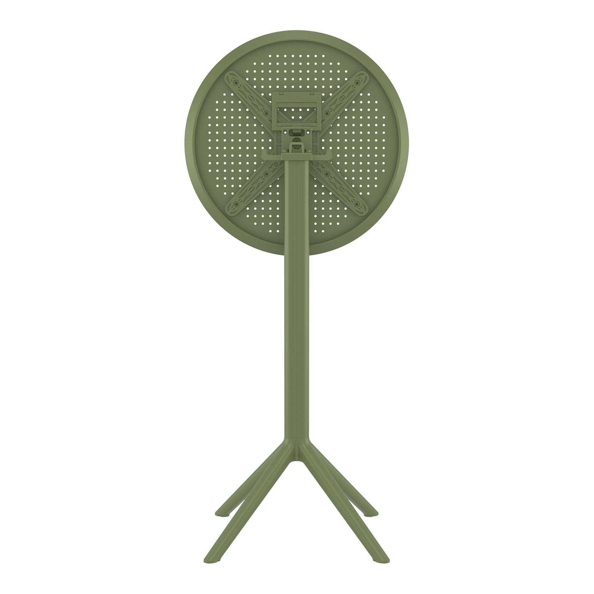 Underside view of the Sky Folding Bar Table - 60cm Diameter - Olive Green, showing its folding mechanism and sturdy tripod base for easy storage and commercial use.