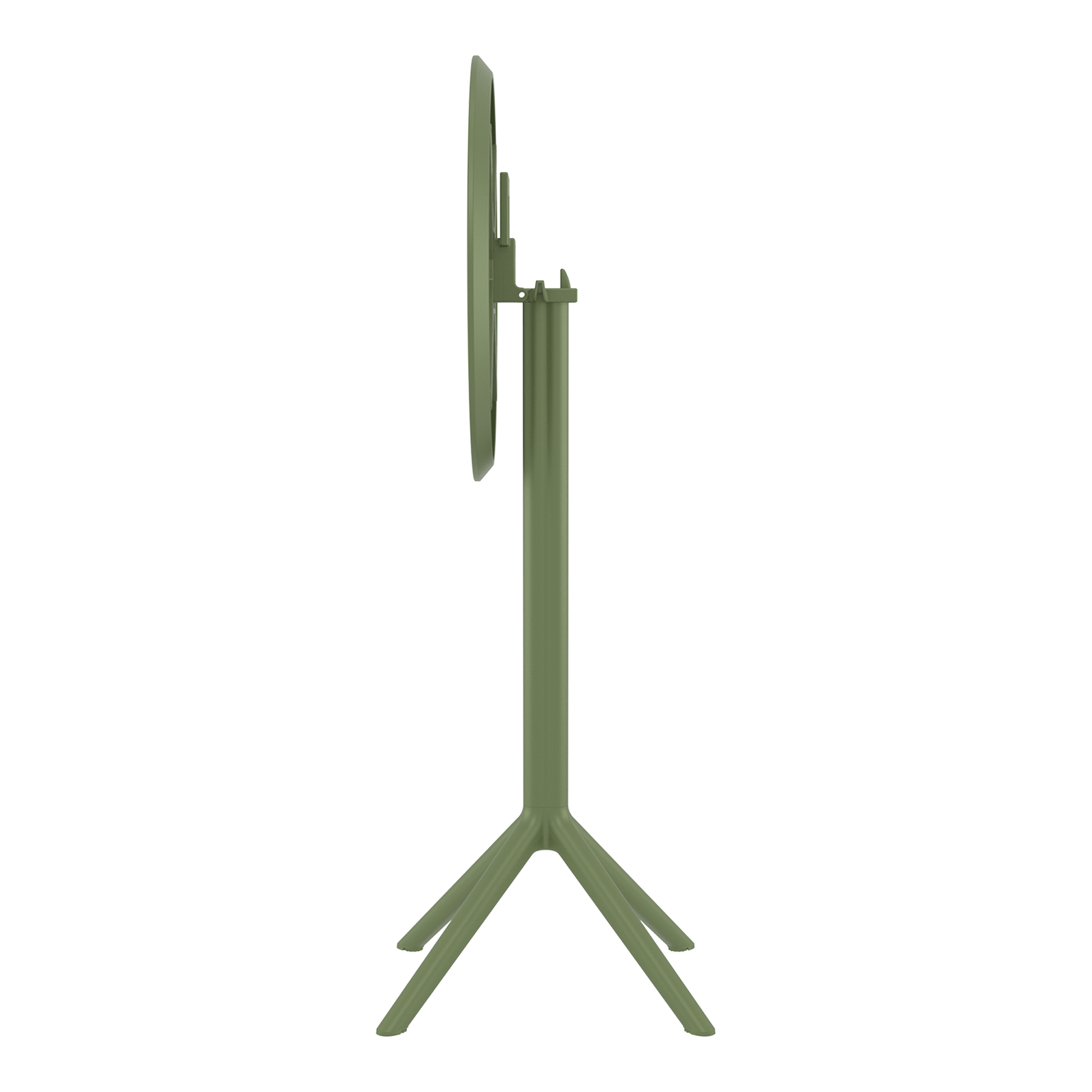 Sky Folding Bar Table - 60cm Diameter - Olive Green shown folded in a compact upright position, highlighting its space-saving design and sturdy tripod base.
