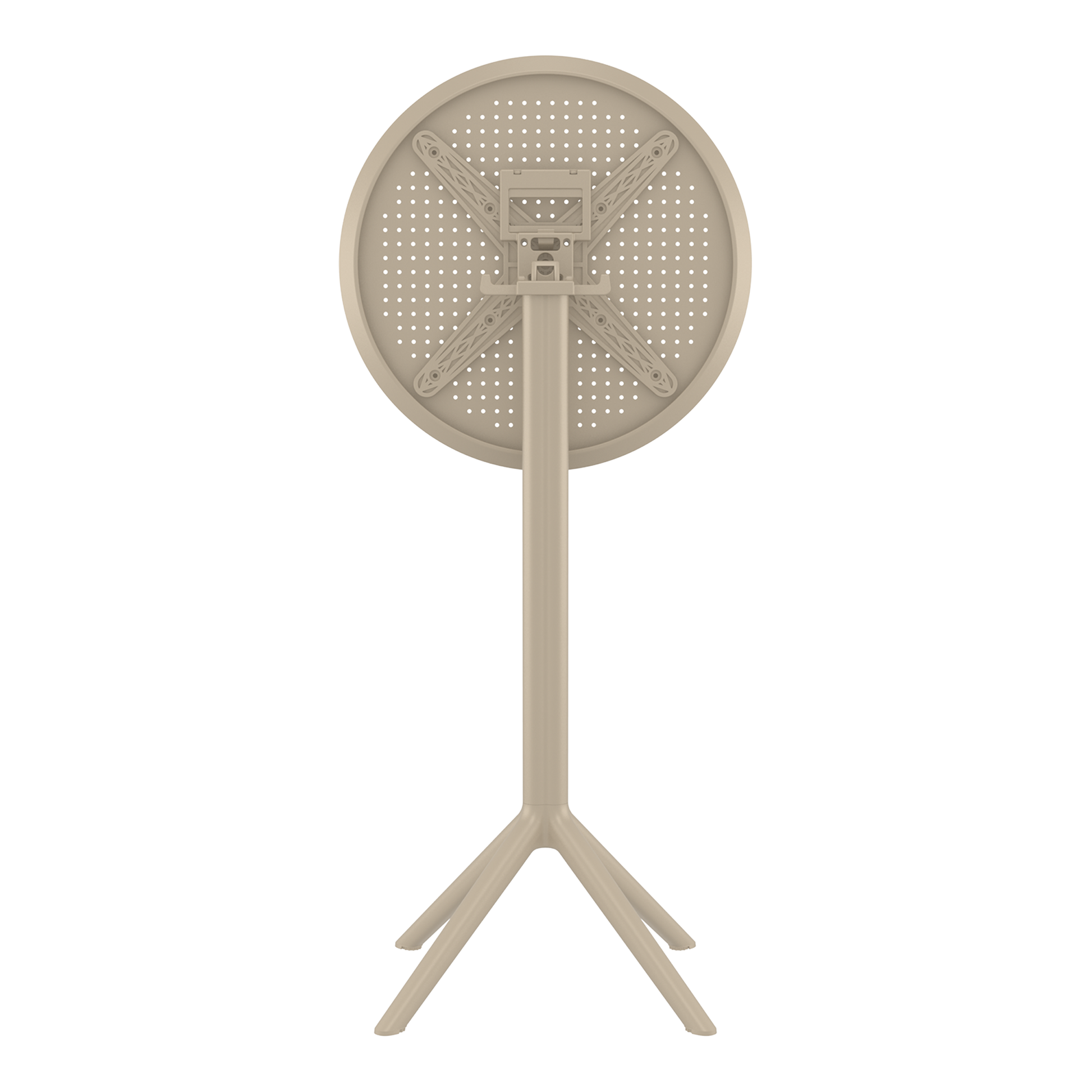 Sky Folding Bar Table - 60cm Diameter - Taupe shown folded upright with a round top and sturdy tripod base in a neutral taupe finish, ideal for commercial and hospitality settings.