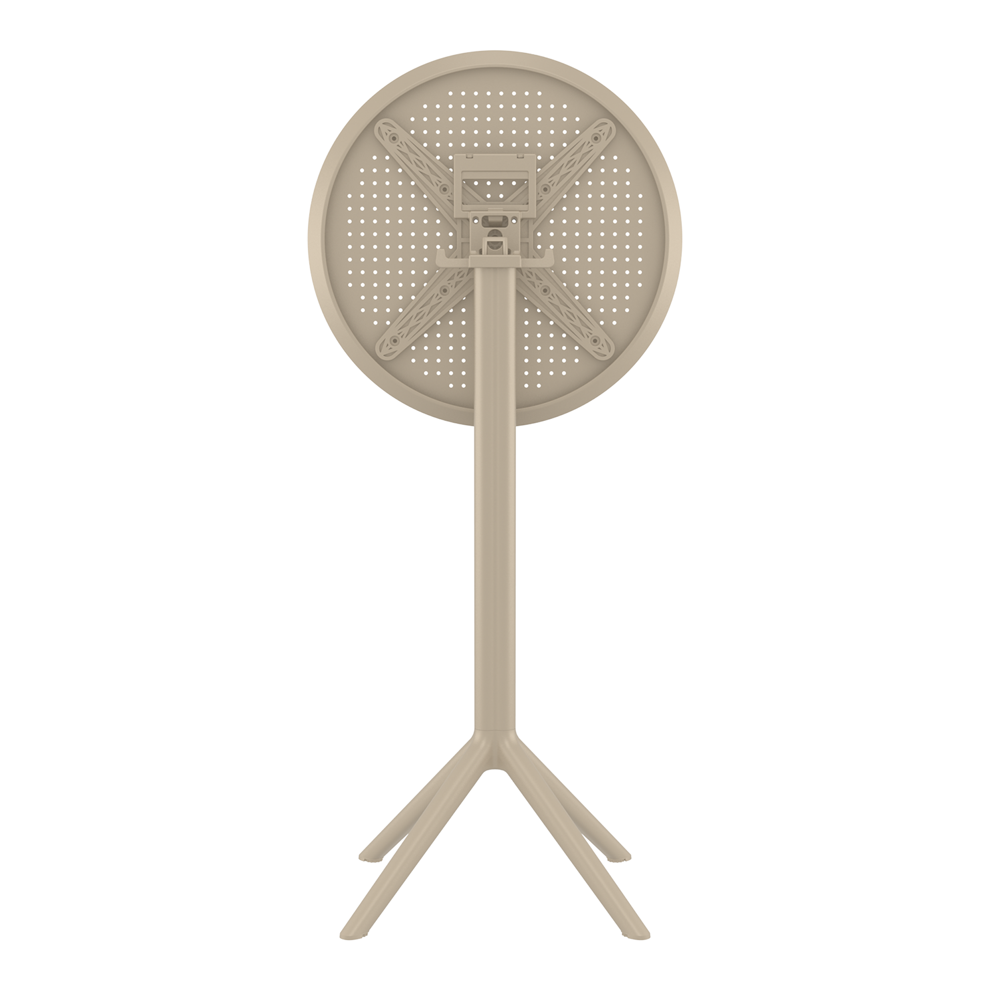 Sky Folding Bar Table - 60cm Diameter - Taupe shown folded upright with a round top and sturdy tripod base in a neutral taupe finish, ideal for commercial and hospitality settings.