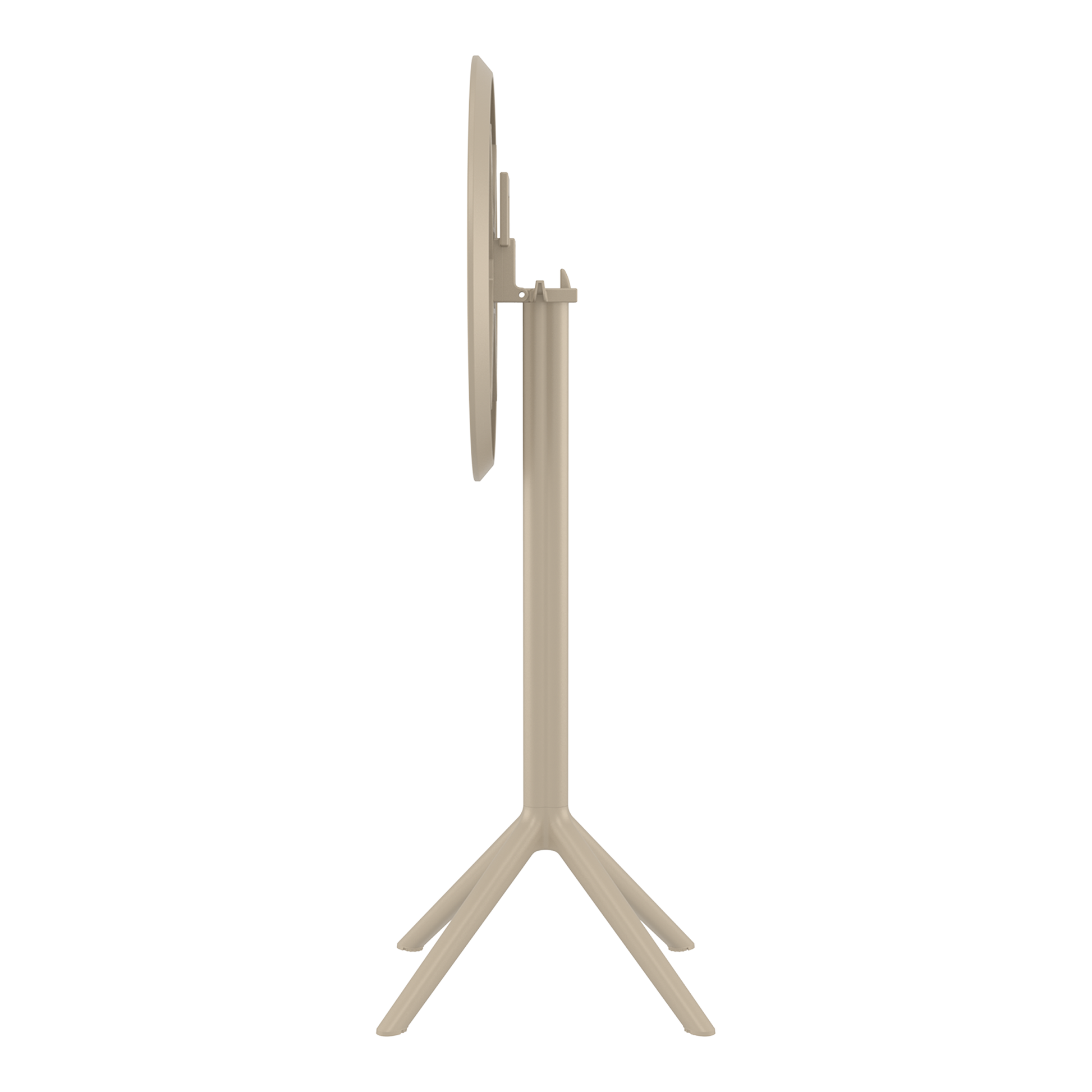 Sky Folding Bar Table - 60cm Diameter - Taupe shown in folded vertical position, highlighting space-saving design with sturdy tripod base for commercial and hospitality settings.
