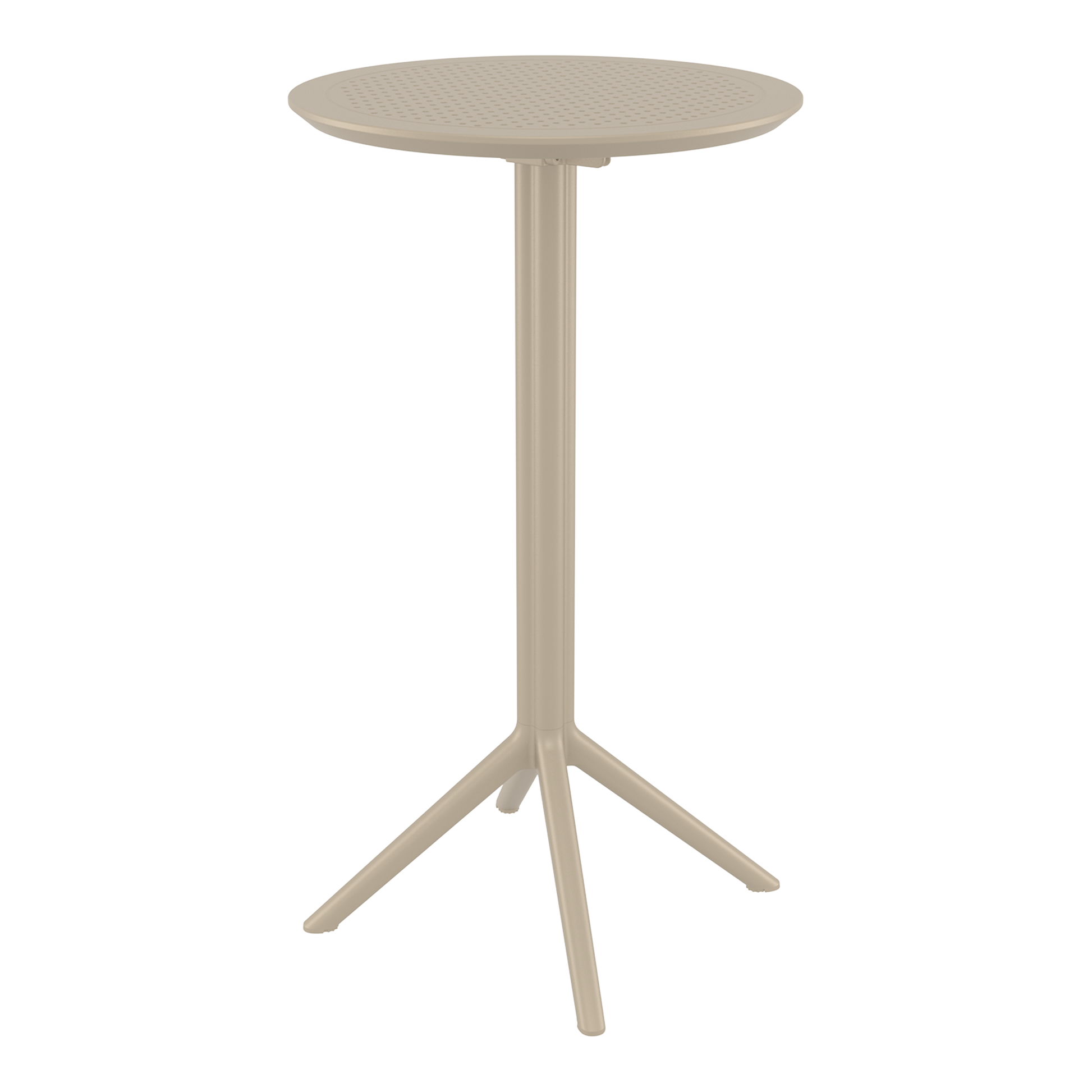 Sky Folding Bar Table - 60cm Diameter - Taupe with a sleek round top and sturdy four-legged base, designed for versatile, space-saving use in commercial or hospitality environments.