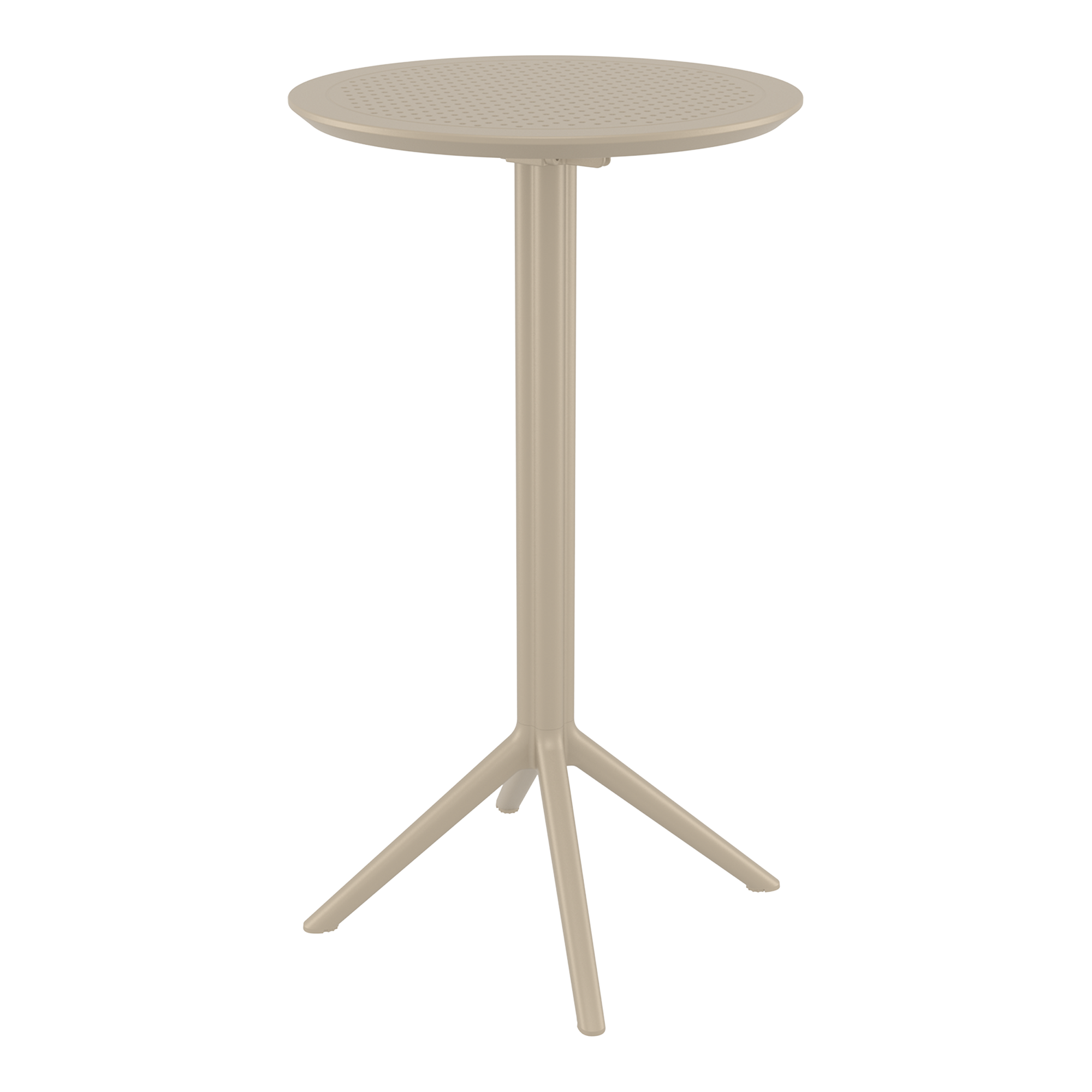 Sky Folding Bar Table - 60cm Diameter - Taupe with a sleek round top and sturdy four-legged base, designed for versatile, space-saving use in commercial or hospitality environments.