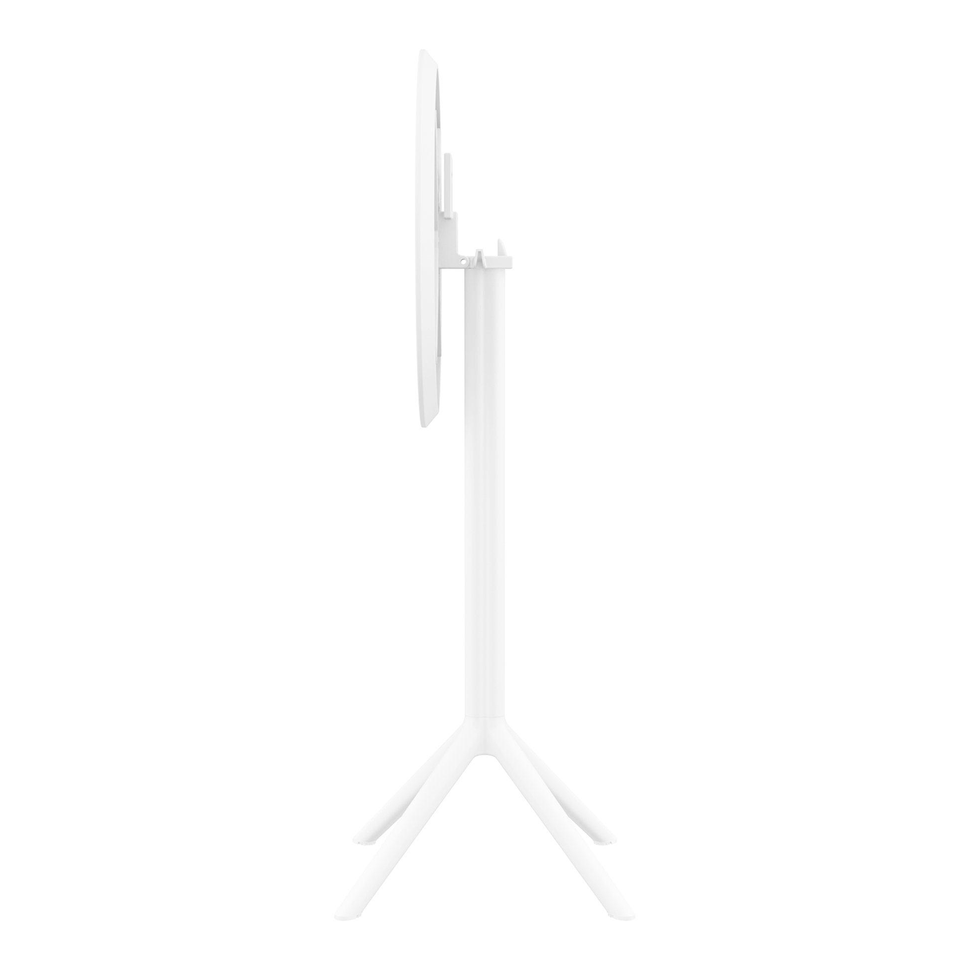 Side view of the Sky Folding Bar Table - 60cm Diameter - White in its folded position, showcasing its compact and space-saving design ideal for commercial and hospitality use.