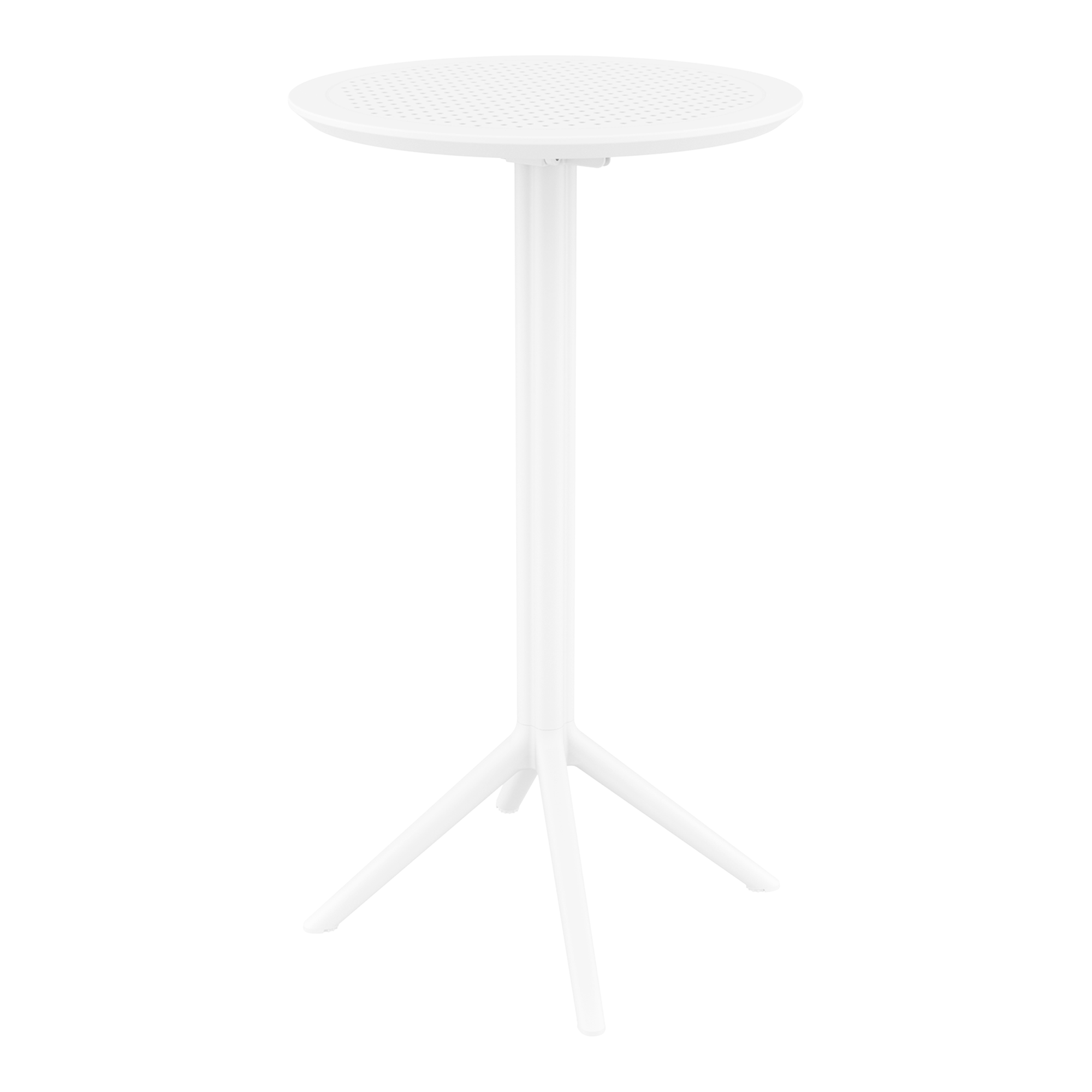 Sky Folding Bar Table - 60cm Diameter - White with a round perforated top and tripod base, designed for commercial settings and easy folding for versatile use.
