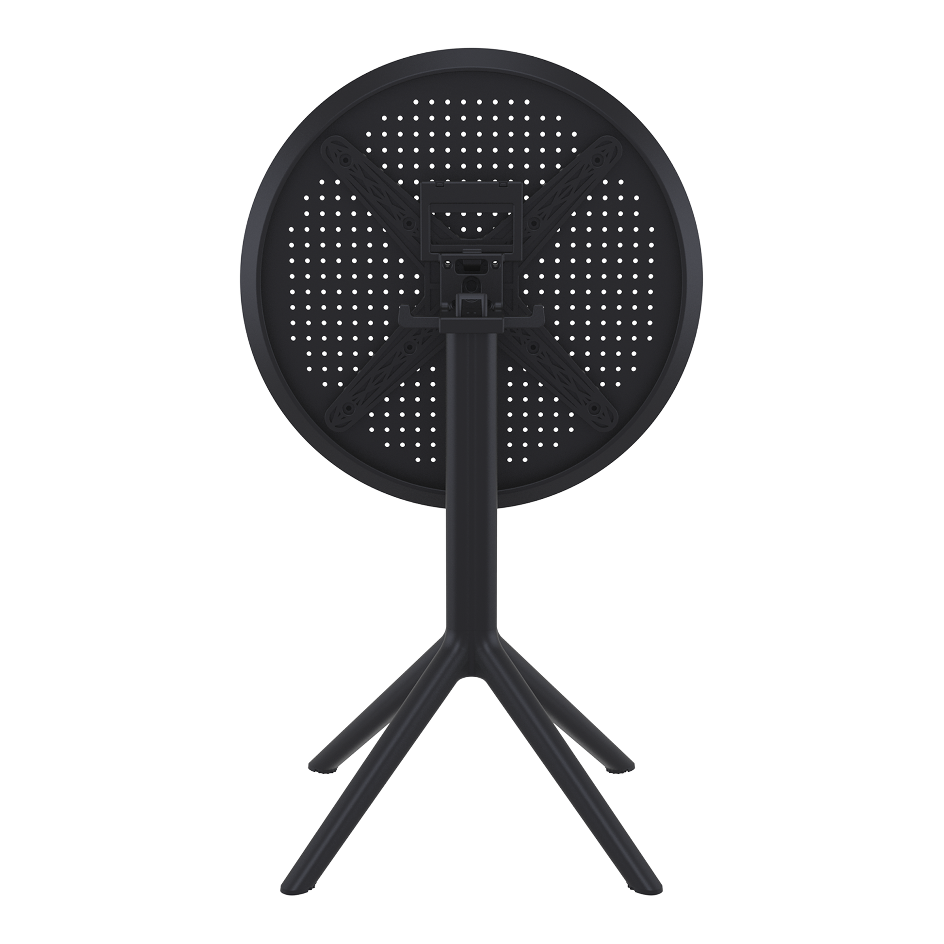 Sky Folding Dining Table - 60cm Diameter - Black shown in folded position with sturdy tripod base and perforated circular tabletop designed for commercial-grade durability and easy storage.