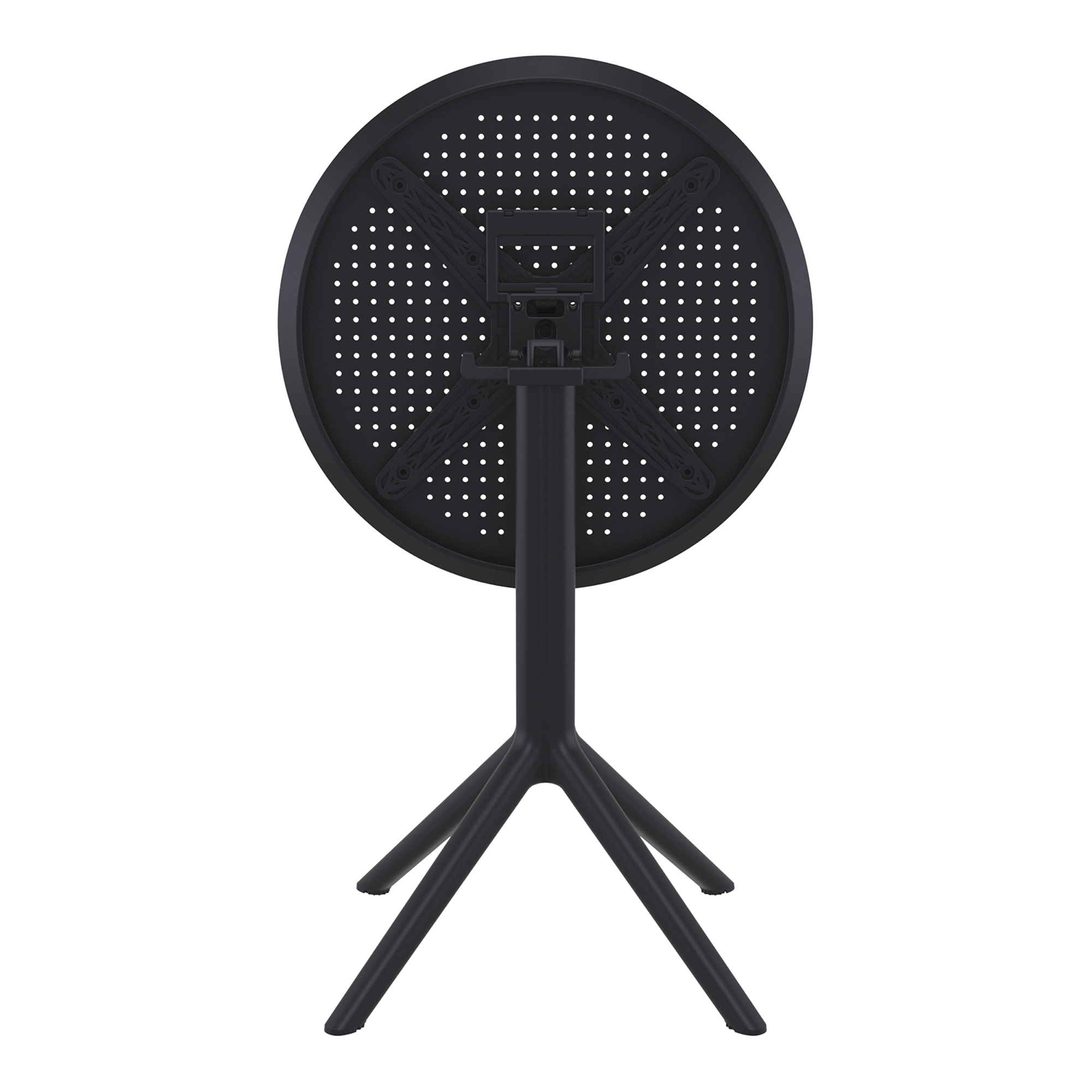 Sky Folding Dining Table - 60cm Diameter - Black shown in folded position with sturdy tripod base and perforated circular tabletop designed for commercial-grade durability and easy storage.