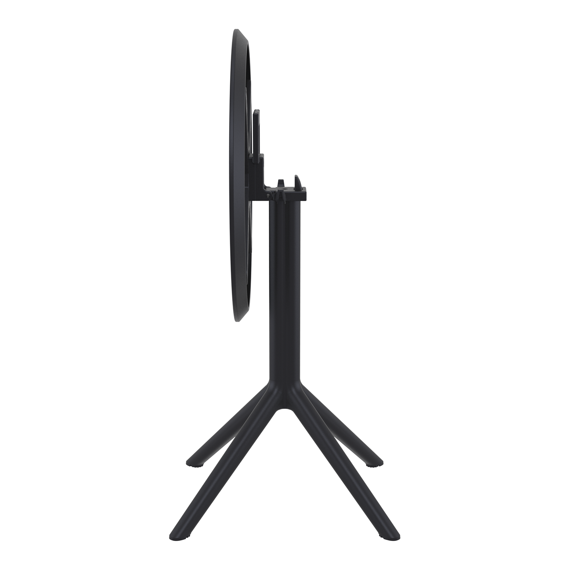Side view of the Sky Folding Dining Table - 60cm Diameter - Black, showing its round tabletop folded vertically and supported by a sturdy black base with four angled legs.