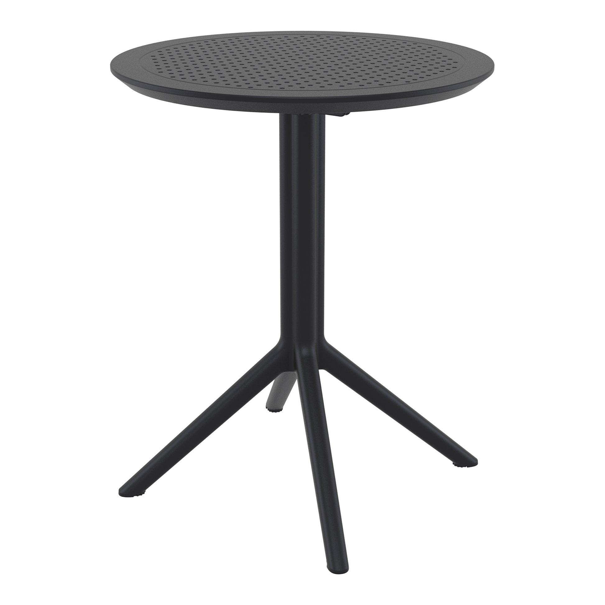 Sky Folding Dining Table - 60cm Diameter - Black with a sleek round perforated top and sturdy tripod base, designed for commercial and hospitality environments.