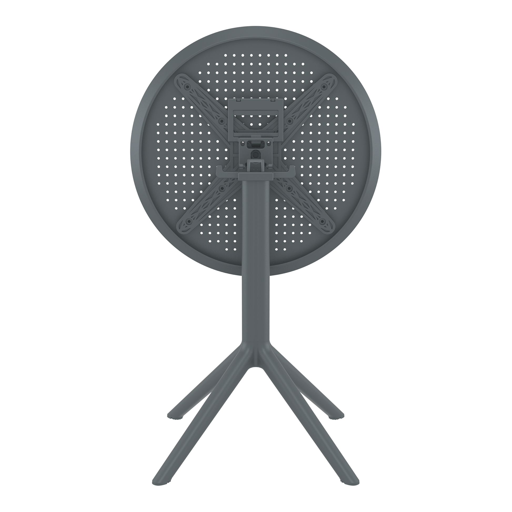 Sky Folding Dining Table - 60cm Diameter - Dark Grey shown folded upright with sturdy tripod base and perforated round tabletop in a sleek modern design.