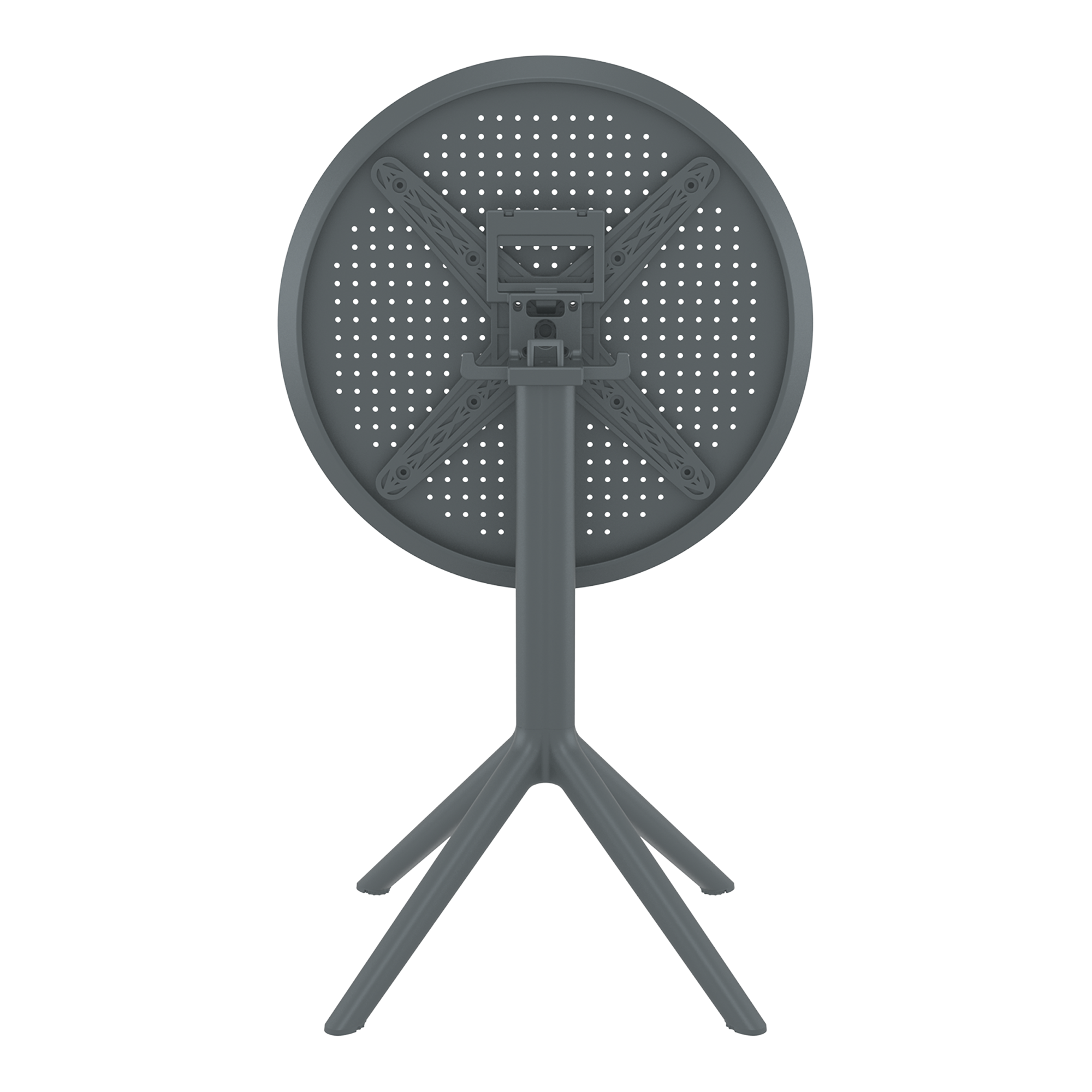 Sky Folding Dining Table - 60cm Diameter - Dark Grey shown folded upright with sturdy tripod base and perforated round tabletop in a sleek modern design.