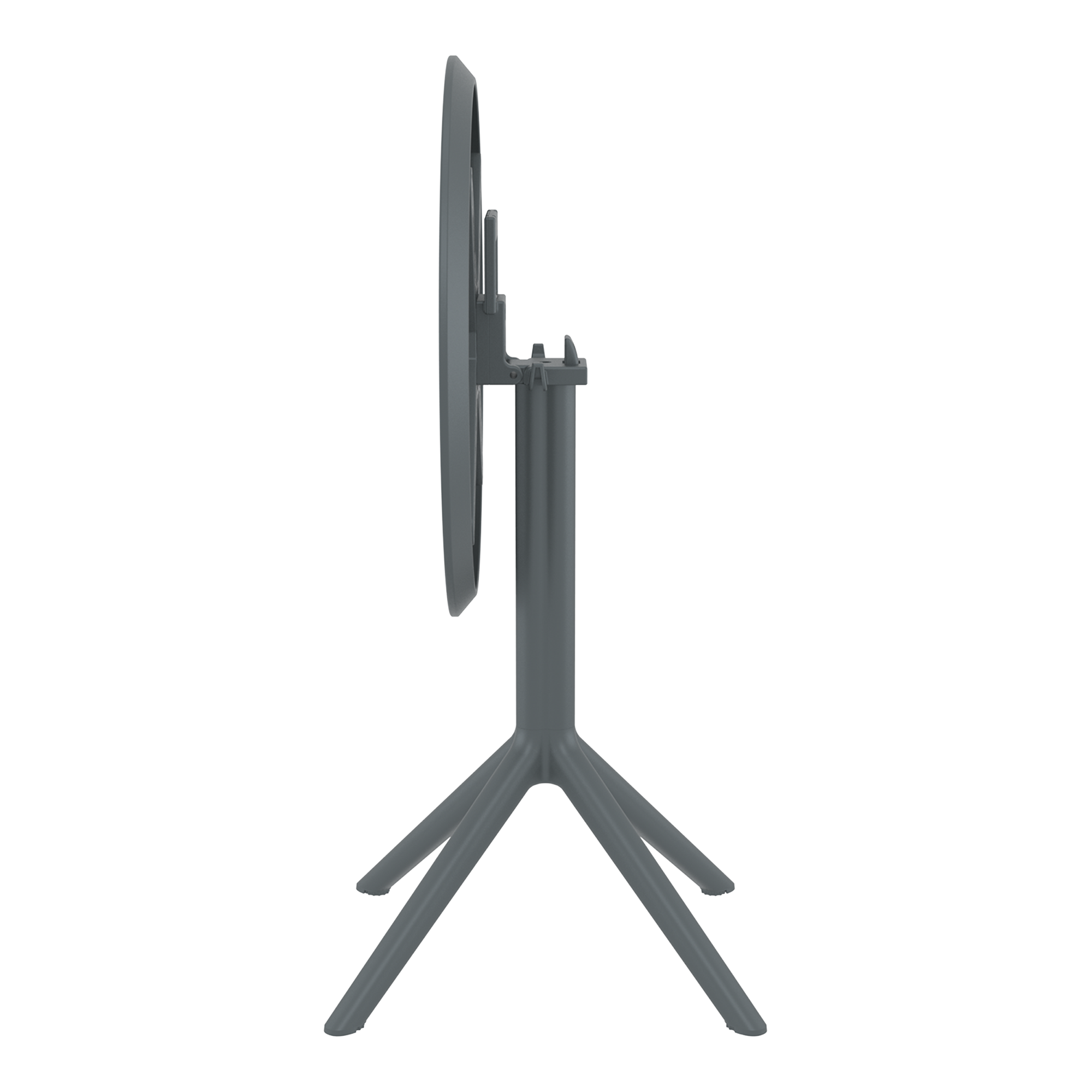 Side view of the Sky Folding Dining Table - 60cm Diameter - Dark Grey in its folded position, showing the compact design and sturdy tripod base for easy storage and space-saving.