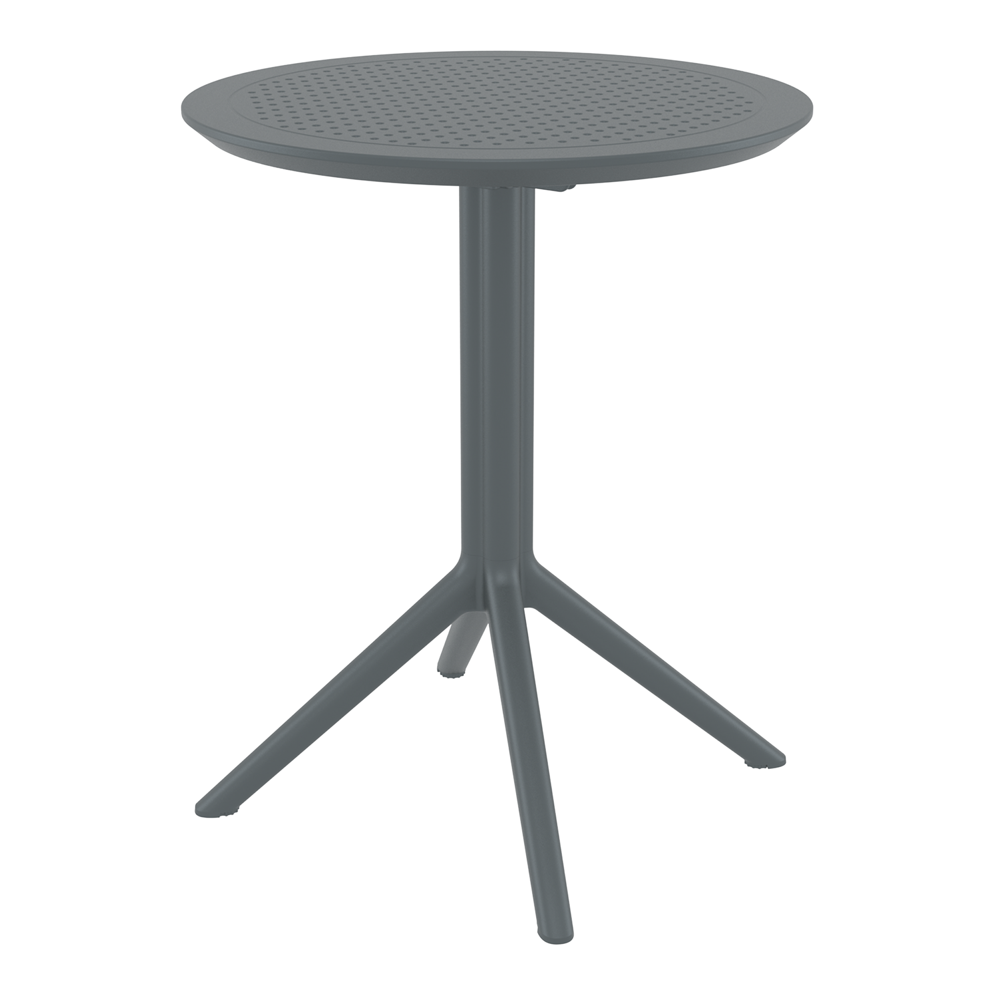 Sky Folding Dining Table - 60cm Diameter - Dark Grey with a round perforated top and sturdy tripod base, designed for versatile use in commercial and hospitality settings.