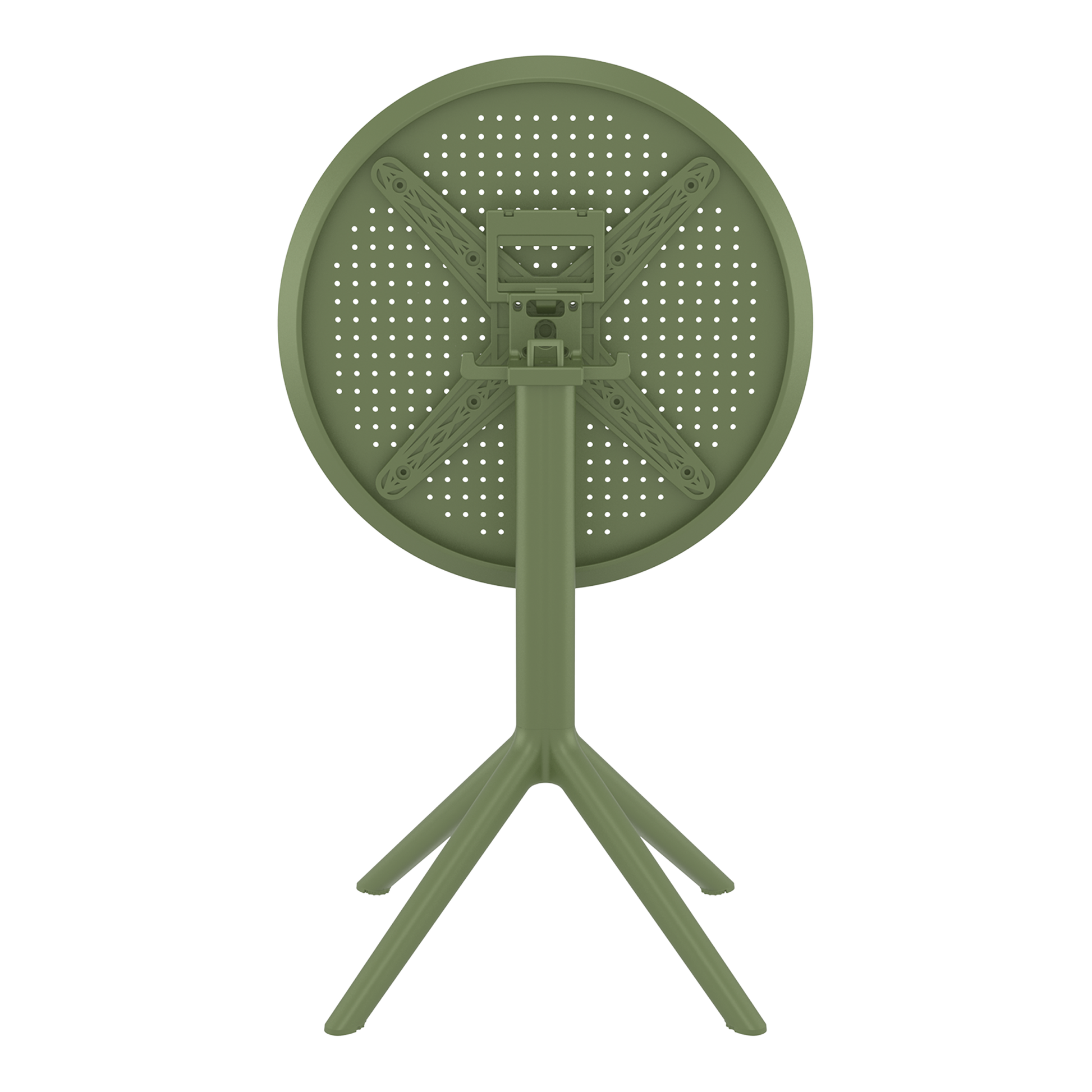 Underside view of the Sky Folding Dining Table - 60cm Diameter - Olive Green showing its folding mechanism and sturdy tripod base designed for commercial and hospitality use.