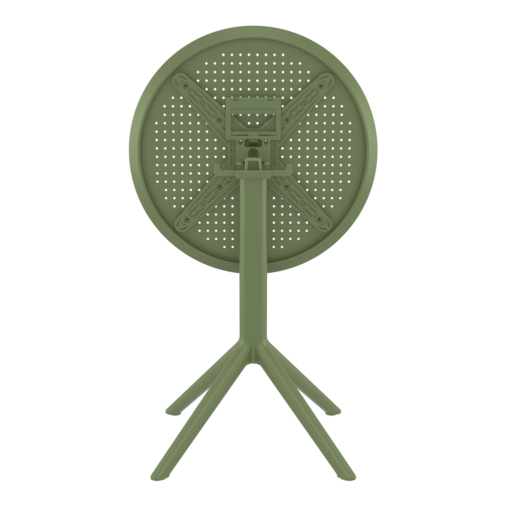 Underside view of the Sky Folding Dining Table - 60cm Diameter - Olive Green showing its folding mechanism and sturdy tripod base designed for commercial and hospitality use.