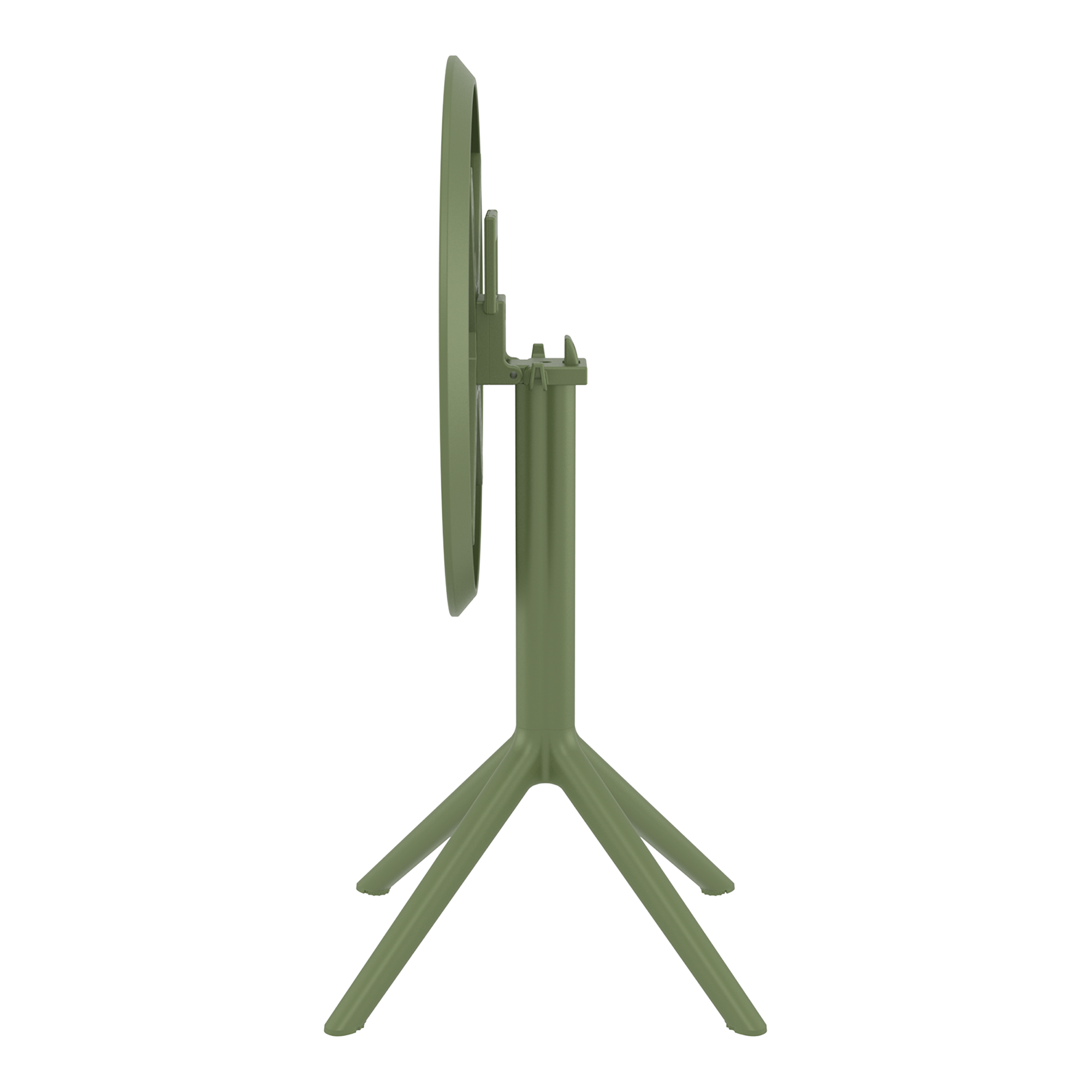 Side view of the Sky Folding Dining Table - 60cm Diameter - Olive Green showing the folding mechanism and sturdy tripod base designed for compact storage and easy use.