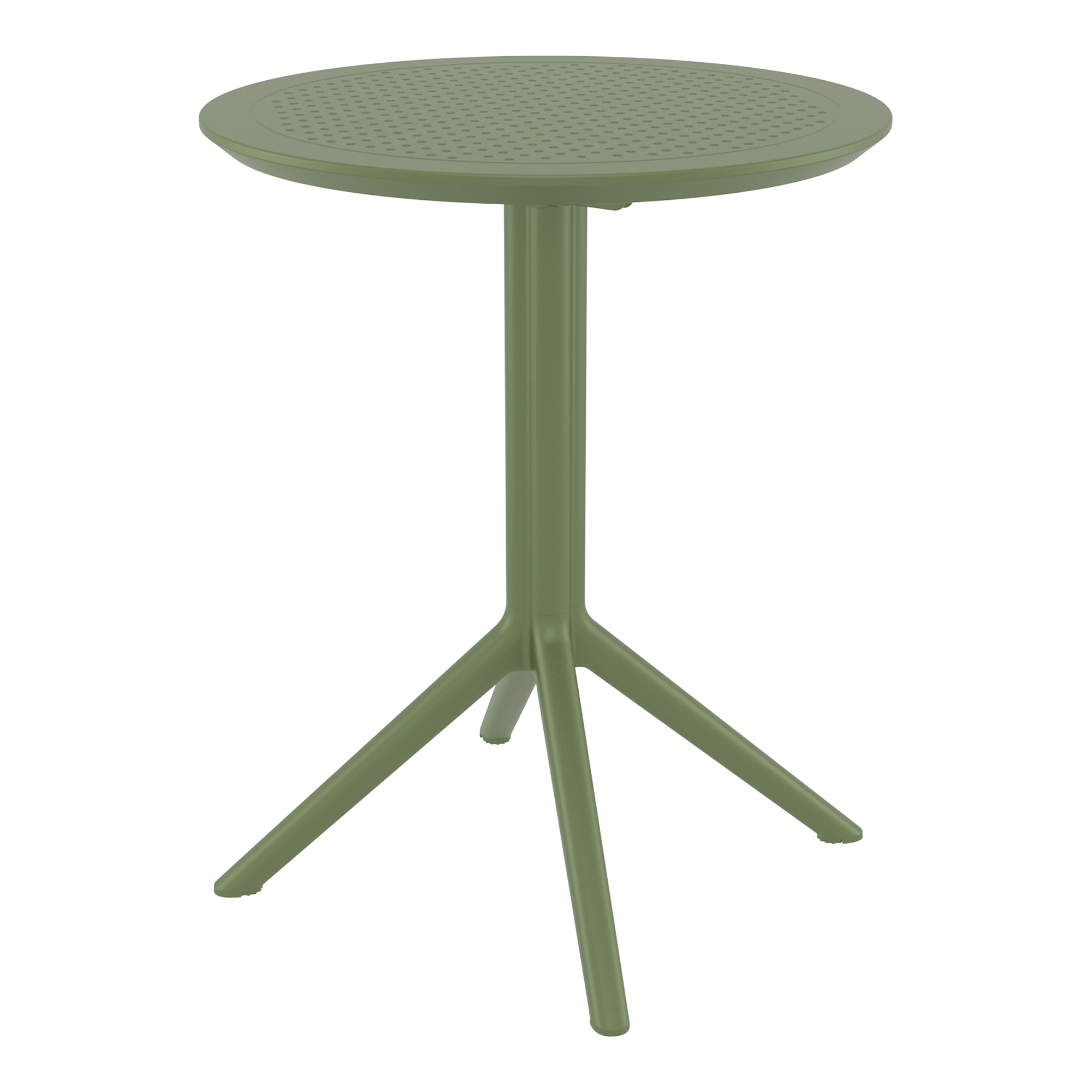 Sky Folding Dining Table - 60cm Diameter - Olive Green with a minimalist round perforated top and tripod base, designed for commercial and hospitality environments.
