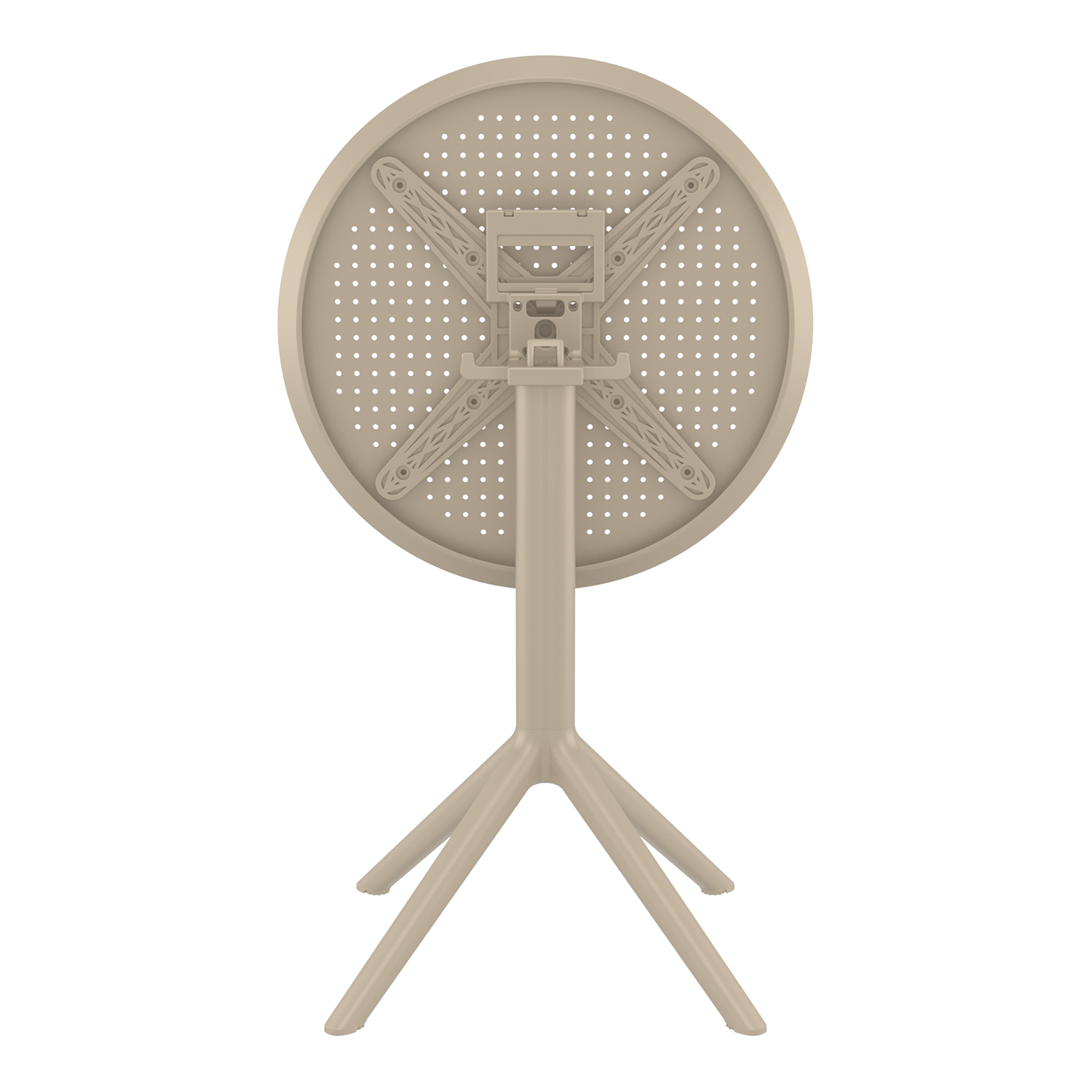 Sky Folding Dining Table - 60cm Diameter - Taupe shown in folded position with a round perforated top and sturdy four-legged base designed for commercial and contract use.