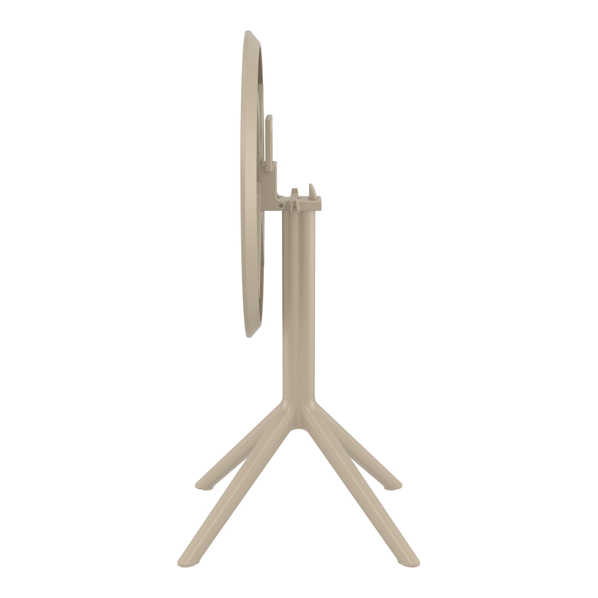 Side view of the Sky Folding Dining Table - 60cm Diameter - Taupe showing the round top folded vertically on a sturdy four-legged base in taupe finish.