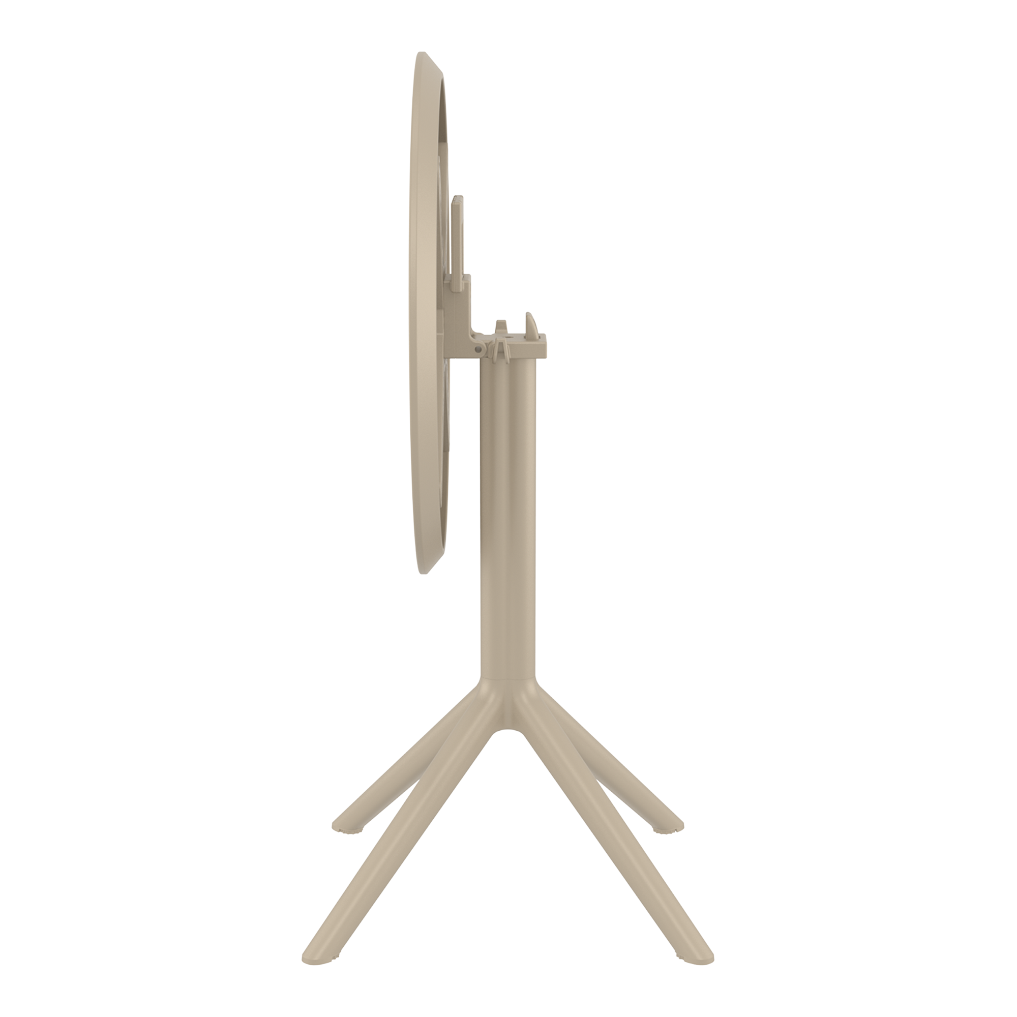 Side view of the Sky Folding Dining Table - 60cm Diameter - Taupe showing the round top folded vertically on a sturdy four-legged base in taupe finish.