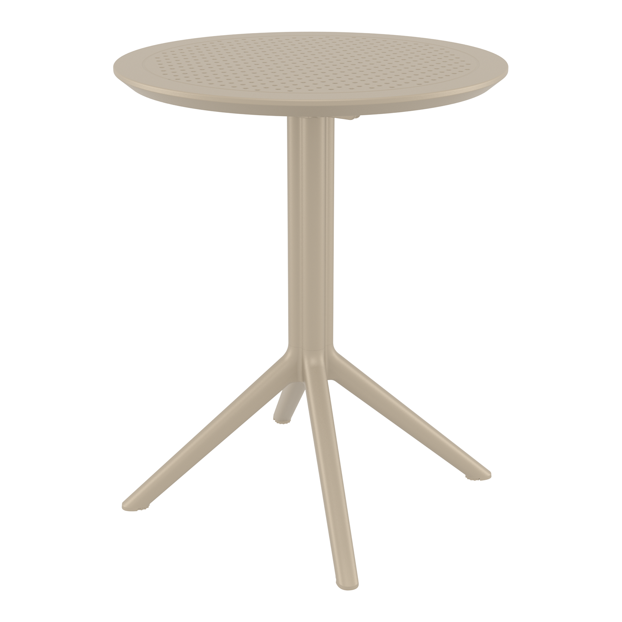 Sky Folding Dining Table - 60cm Diameter - Taupe with a round perforated tabletop and a sturdy three-legged base, designed for versatile and stylish commercial or residential use.
