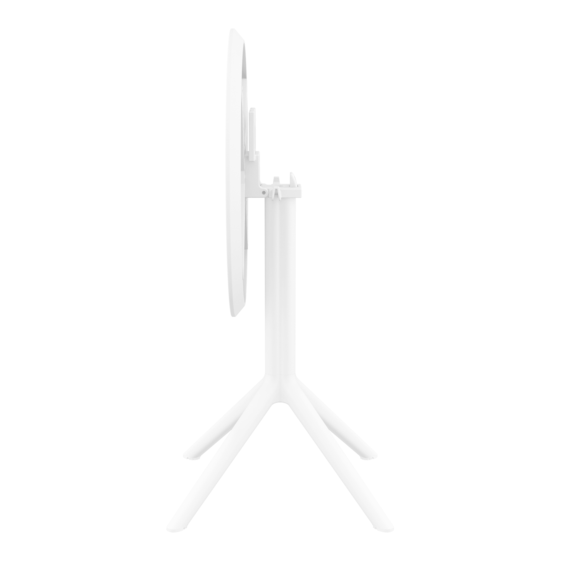 Sky Folding Dining Table - 60cm Diameter - White shown in a folded vertical position highlighting its compact, space-saving design and sturdy, clean white finish.
