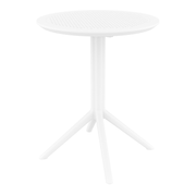 Sky Folding Dining Table - 60cm Diameter - White with a sleek round perforated tabletop and folding legs, designed for easy storage and commercial-grade durability.