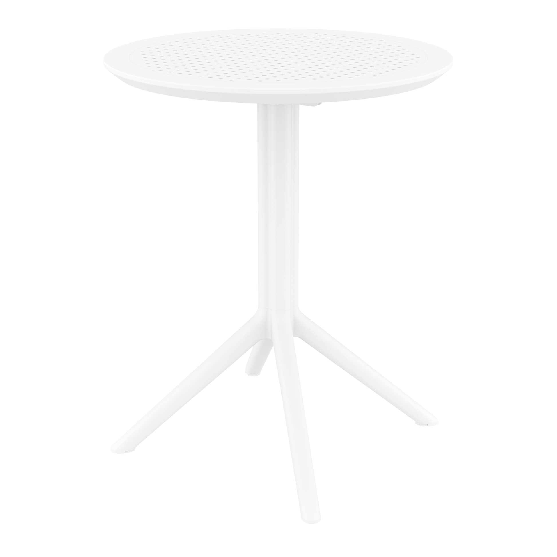 Sky Folding Dining Table - 60cm Diameter - White with a sleek round perforated tabletop and folding legs, designed for easy storage and commercial-grade durability.