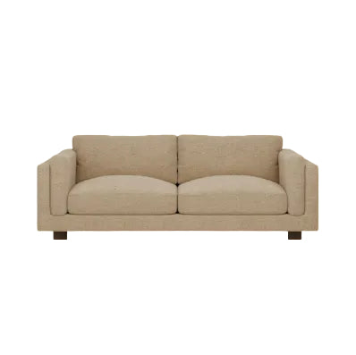 Halton 3 Seater Sofa featuring speckled latte brown bouclé upholstery, pocket-sprung seating, fibre and feather-filled cushions, curved arms, and luxury contract-quality comfort for hotels, reception areas, lounges, care homes, and commercial interiors. Beige sofa on a plain background