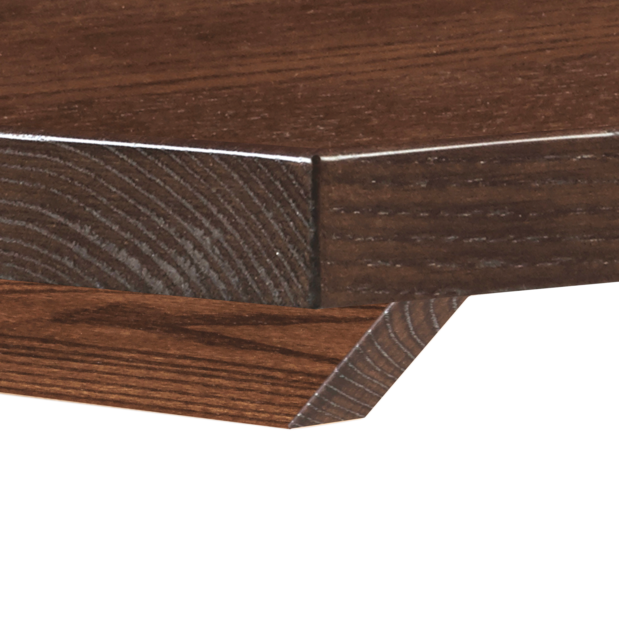 Close-up of the edge and corner detail of a Solid Ash Table Top - Dark Walnut - 60 x 60cm x 25mm with Hairpin legs, showcasing the rich wood grain and dark walnut finish.