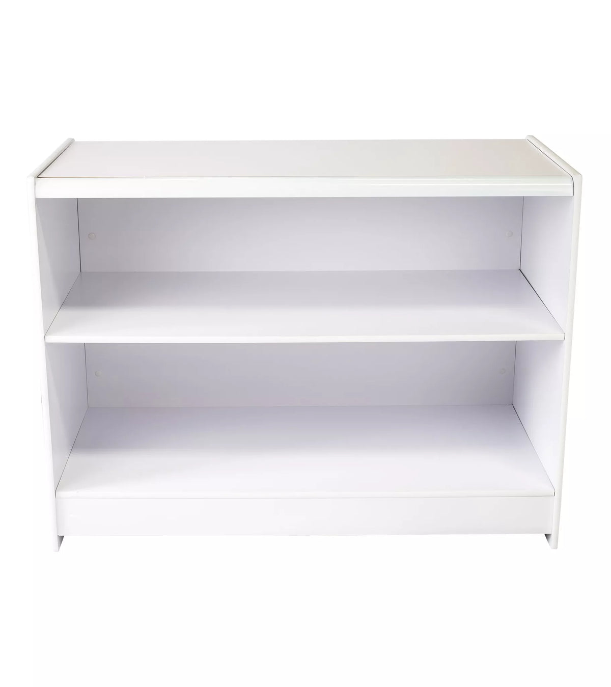 White solid retail display counter with integrated storage shelf