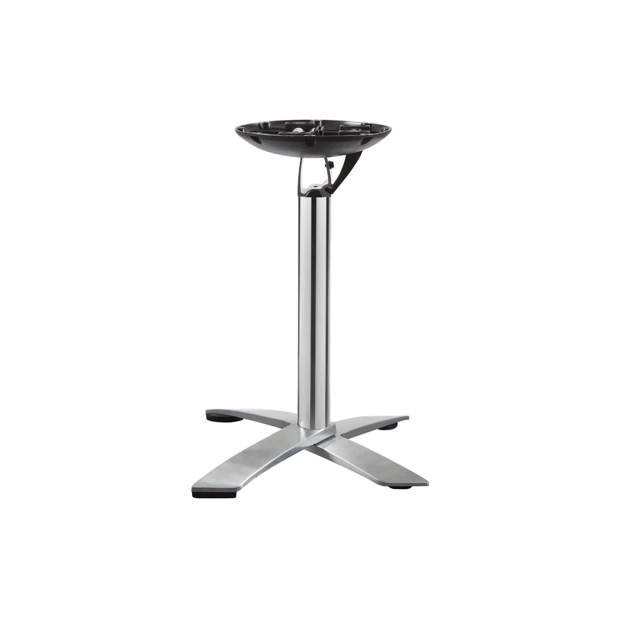 Metal flip top pedestal stand with a round platform on a white background. Quality contract furniture 