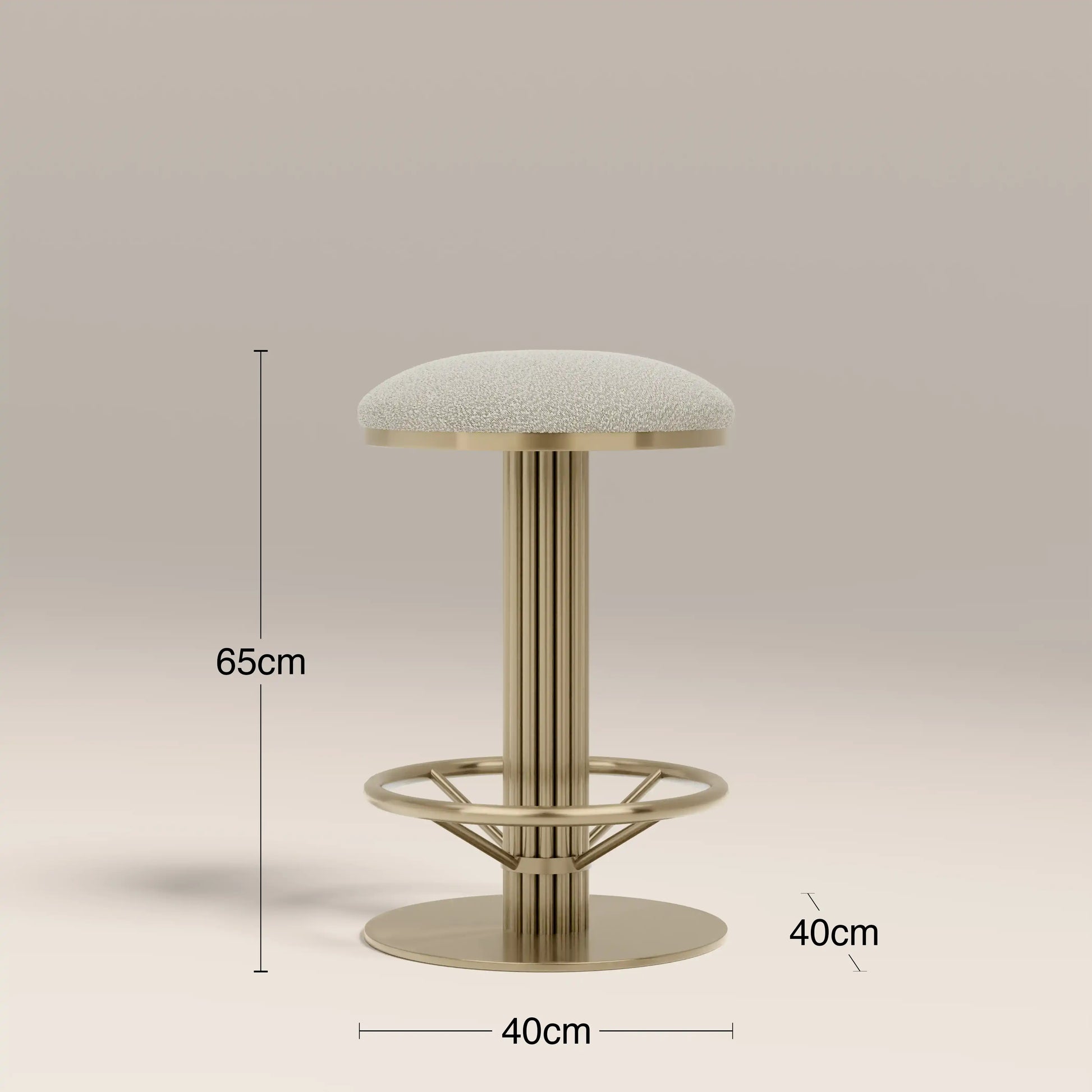 Rafferty Bar Swivel Stool upholstered in olive green velvet with a brass-finished stainless steel frame, featuring decorative vertical ridges, a circular footrest, and swivel functionality, designed for luxury hospitality, hotel, restaurant, and bar interiors. Bar stool with dimensions labeled on a beige background