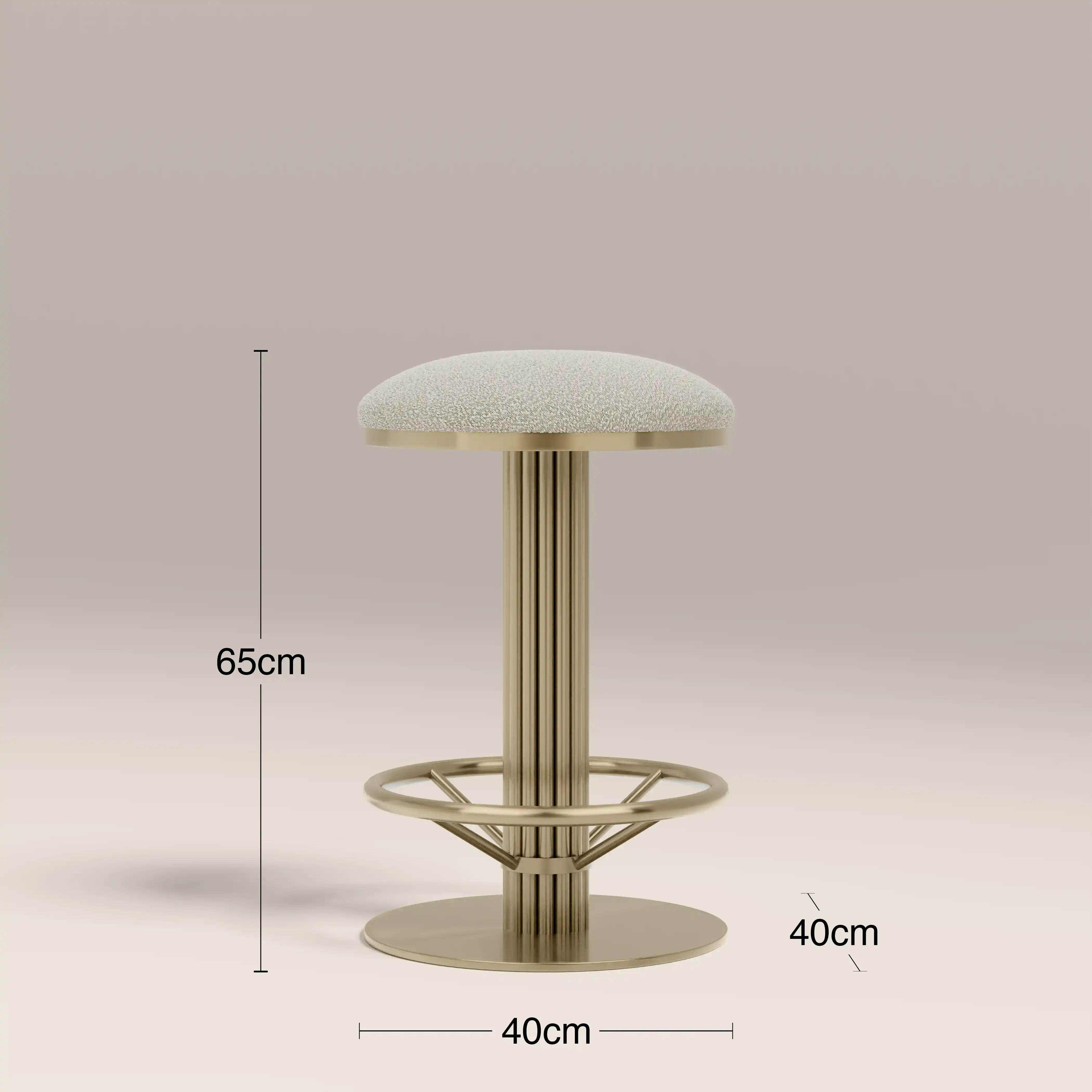 Rafferty Bar Swivel Stool upholstered in olive green velvet with a brass-finished stainless steel frame, featuring decorative vertical ridges, a circular footrest, and swivel functionality, designed for luxury hospitality, hotel, restaurant, and bar interiors. Bar stool with dimensions labeled on a beige background