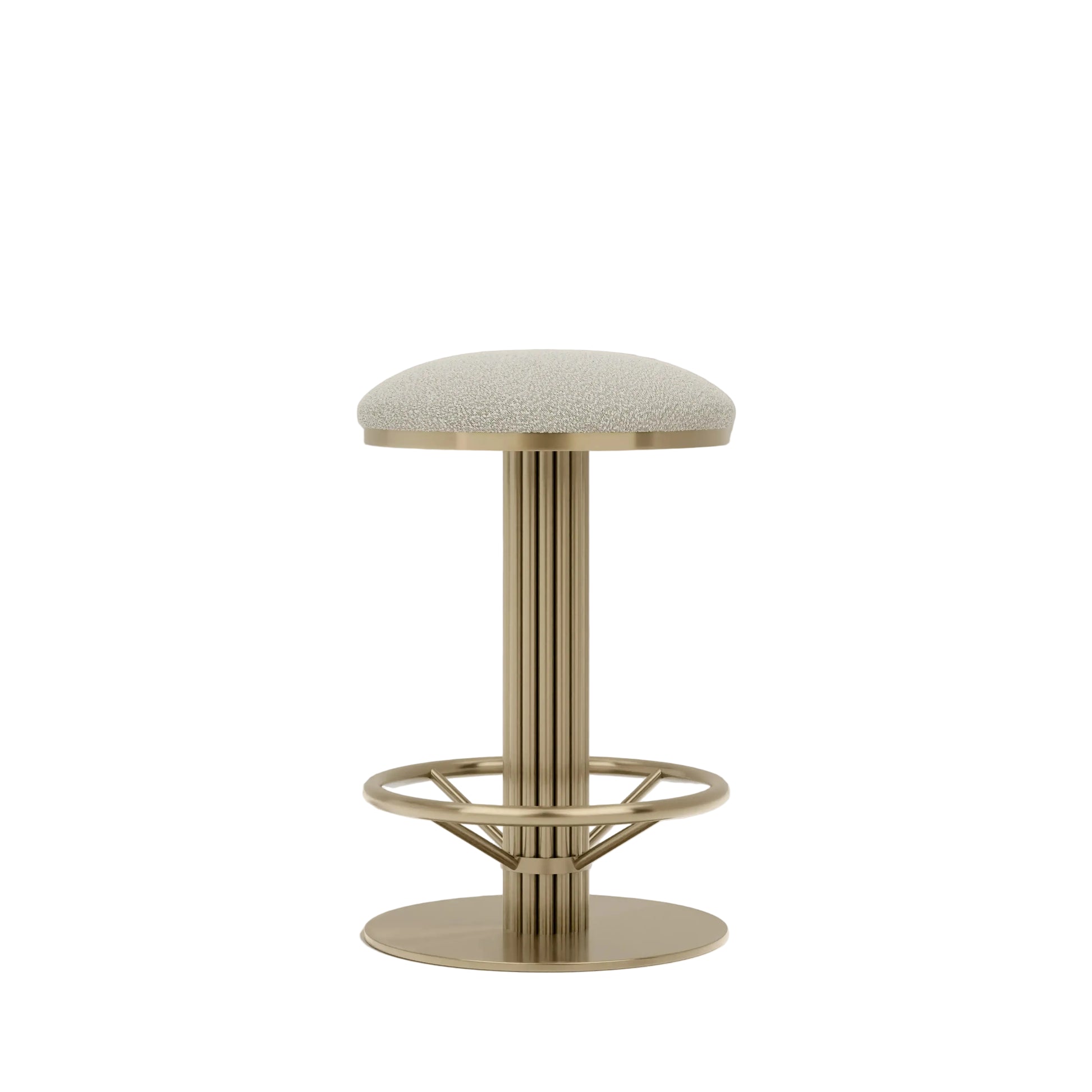 Rafferty Bar Swivel Stool upholstered in olive green velvet with a brass-finished stainless steel frame, featuring decorative vertical ridges, a circular footrest, and swivel functionality, designed for luxury hospitality, hotel, restaurant, and bar interiors. Modern stool with a textured seat and metallic frame on a beige background