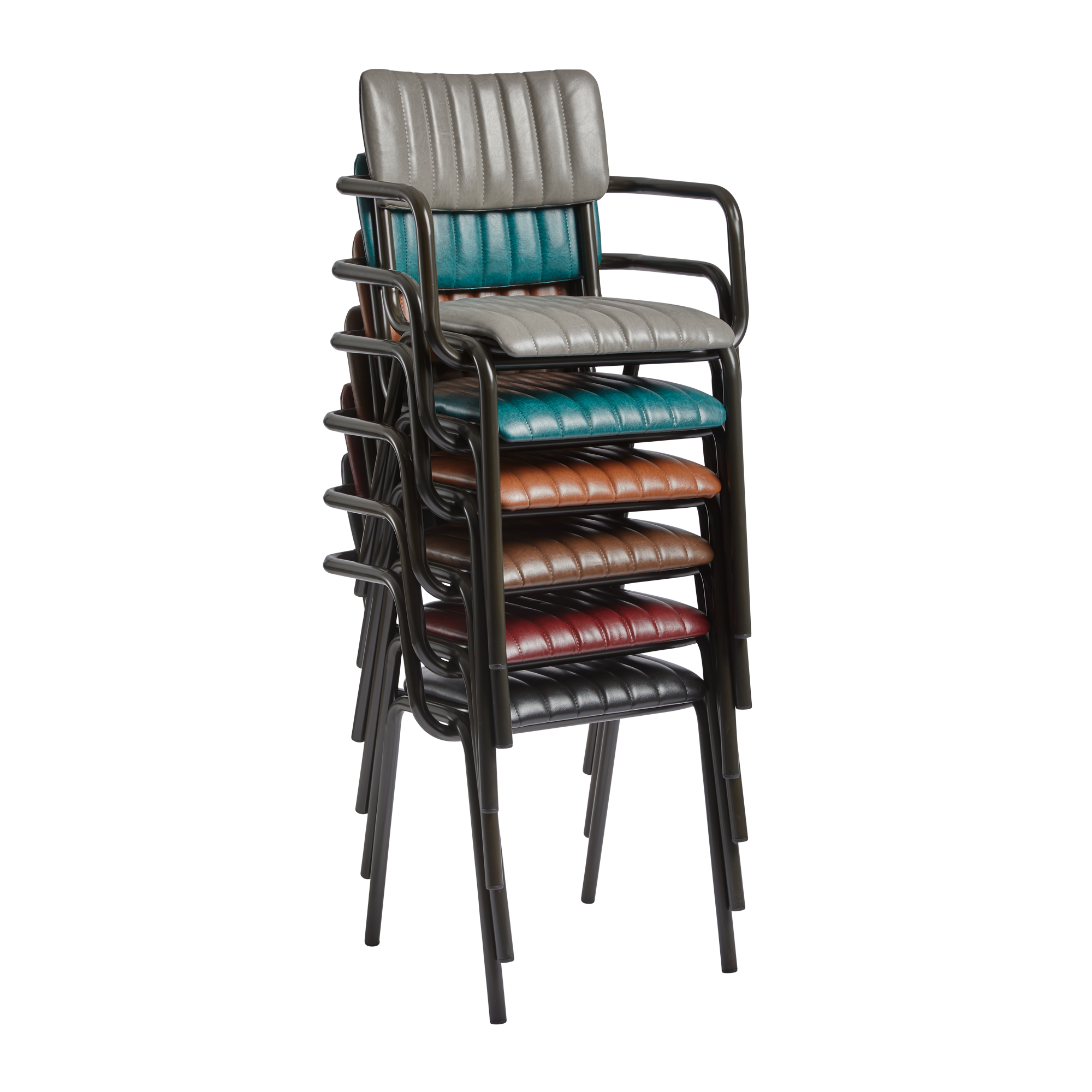Stacked set of Tavo Stacking Arm Chair - Ribbed - Lascari Vintage Black chairs with ribbed upholstered seats and backs in various vintage colors, featuring black metal frames and armrests.