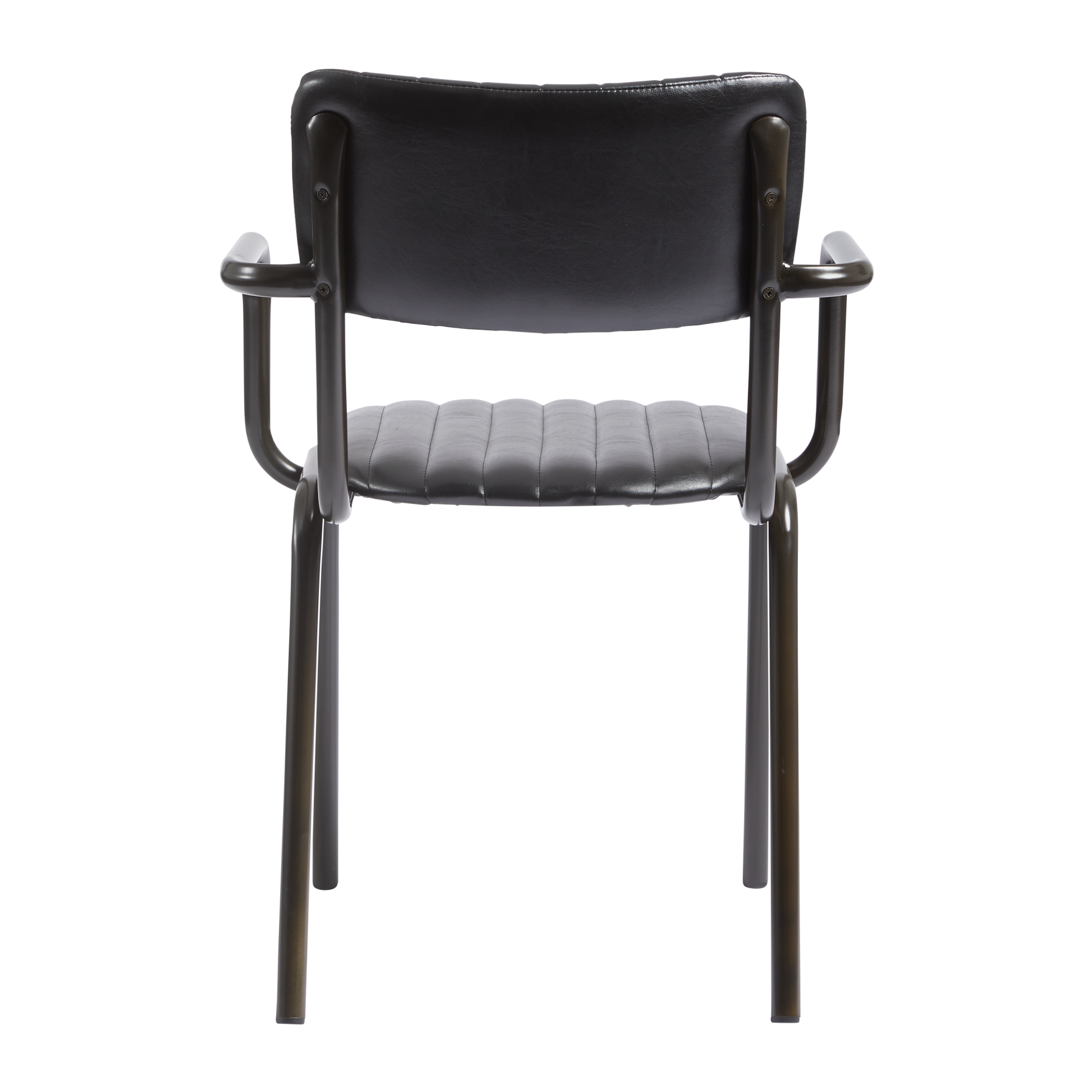 Rear view of Tavo Stacking Arm Chair - Ribbed - Lascari Vintage Black showing padded ribbed seat, supportive backrest, and sturdy black metal frame with armrests designed for commercial and hospitality use.