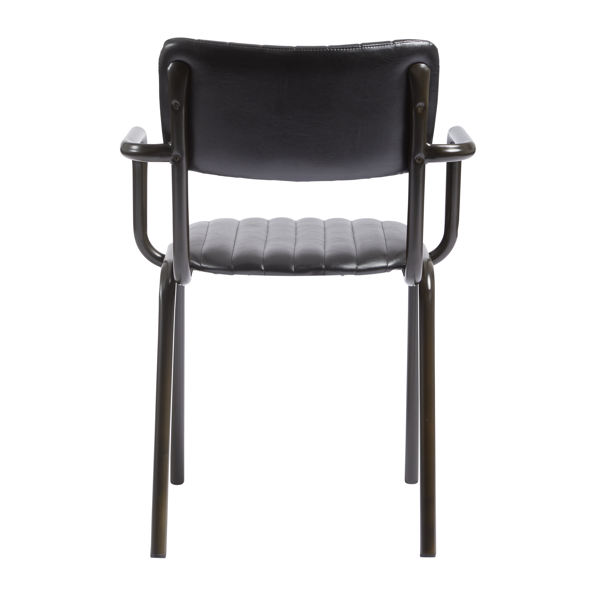 Rear view of Tavo Stacking Arm Chair - Ribbed - Lascari Vintage Black showing padded ribbed seat, supportive backrest, and sturdy black metal frame with armrests designed for commercial and hospitality use.