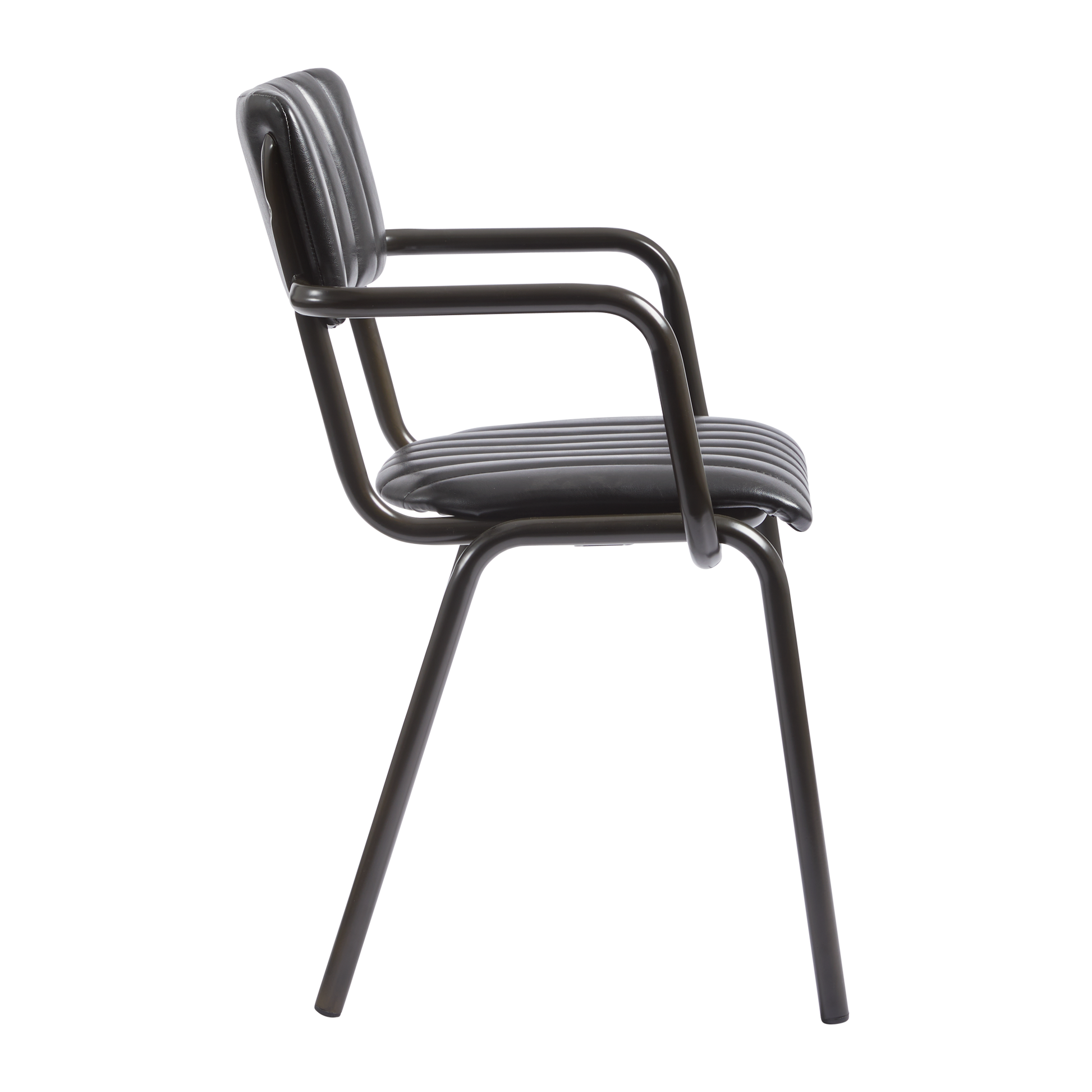 Side view of a Tavo Stacking Arm Chair - Ribbed - Lascari Vintage Black with ribbed upholstery and sturdy metal frame, designed for commercial and hospitality use.