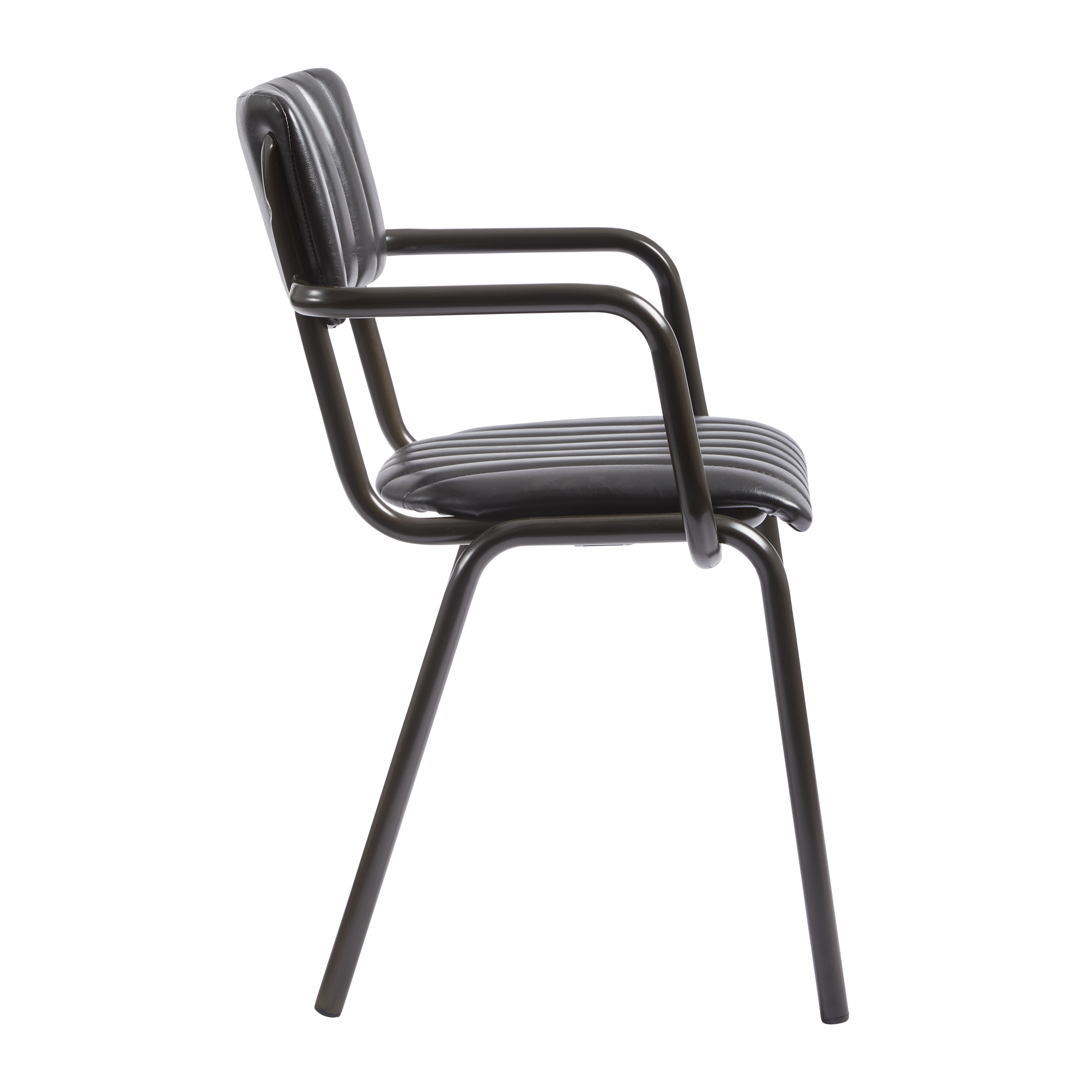 Side view of a Tavo Stacking Arm Chair - Ribbed - Lascari Vintage Black with ribbed upholstery and sturdy metal frame, designed for commercial and hospitality use.