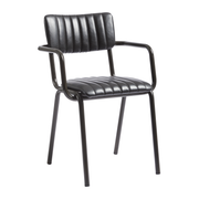 Tavo Stacking Arm Chair - Ribbed - Lascari Vintage Black featuring ribbed black upholstered seat and back with sturdy black metal frame and armrests, designed for versatile commercial use.