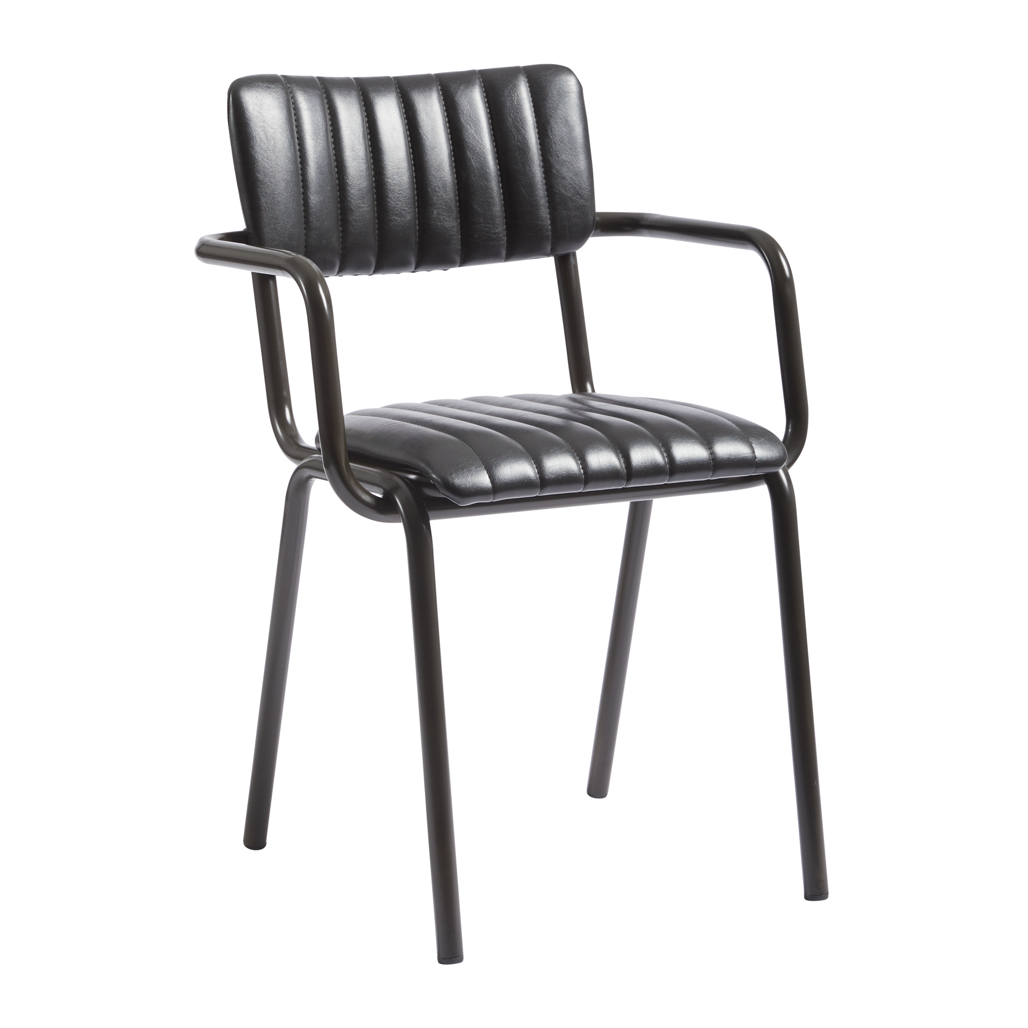 Tavo Stacking Arm Chair - Ribbed - Lascari Vintage Black featuring ribbed black upholstered seat and back with sturdy black metal frame and armrests, designed for versatile commercial use.