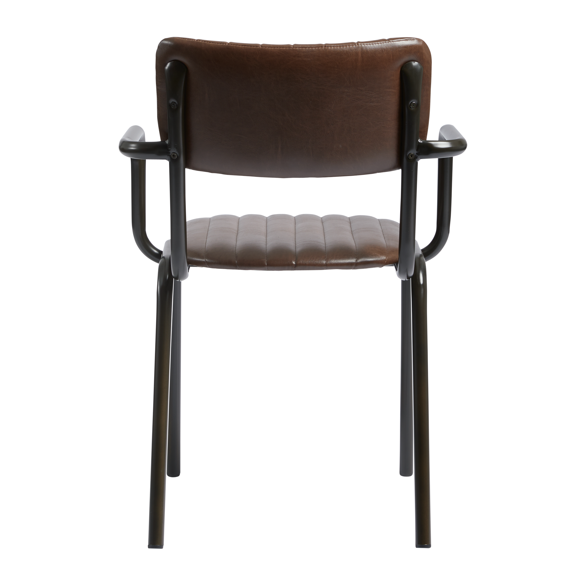 Tavo Stacking Arm Chair - Ribbed - Lascari Vintage Brown with ribbed leather seat and backrest, black metal frame, featuring sturdy armrests and designed for stacking.