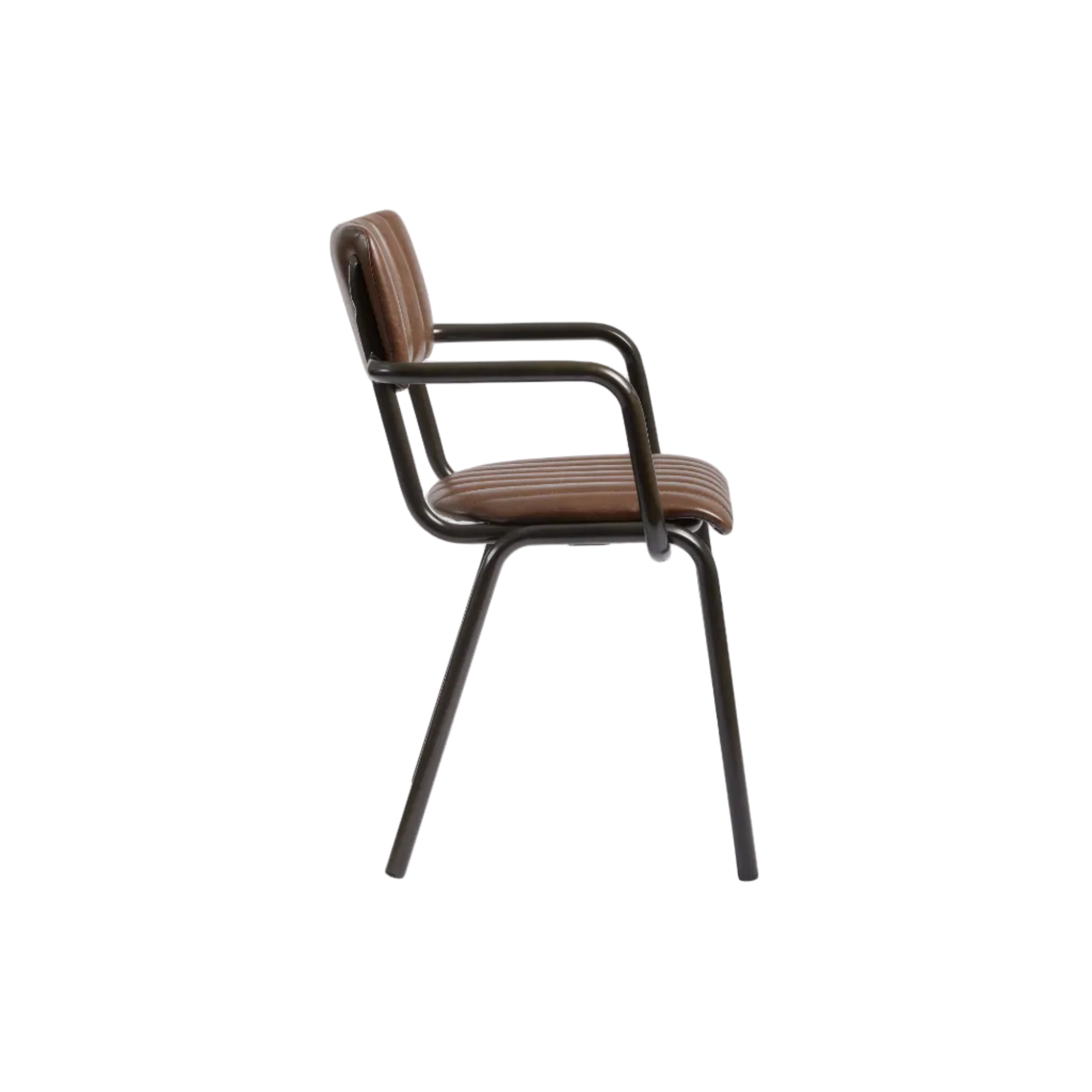 Side view of Tavo Stacking Arm Chair - Ribbed - Lascari Vintage Brown featuring a ribbed vintage brown upholstered seat and back with sleek black metal armrests and legs.