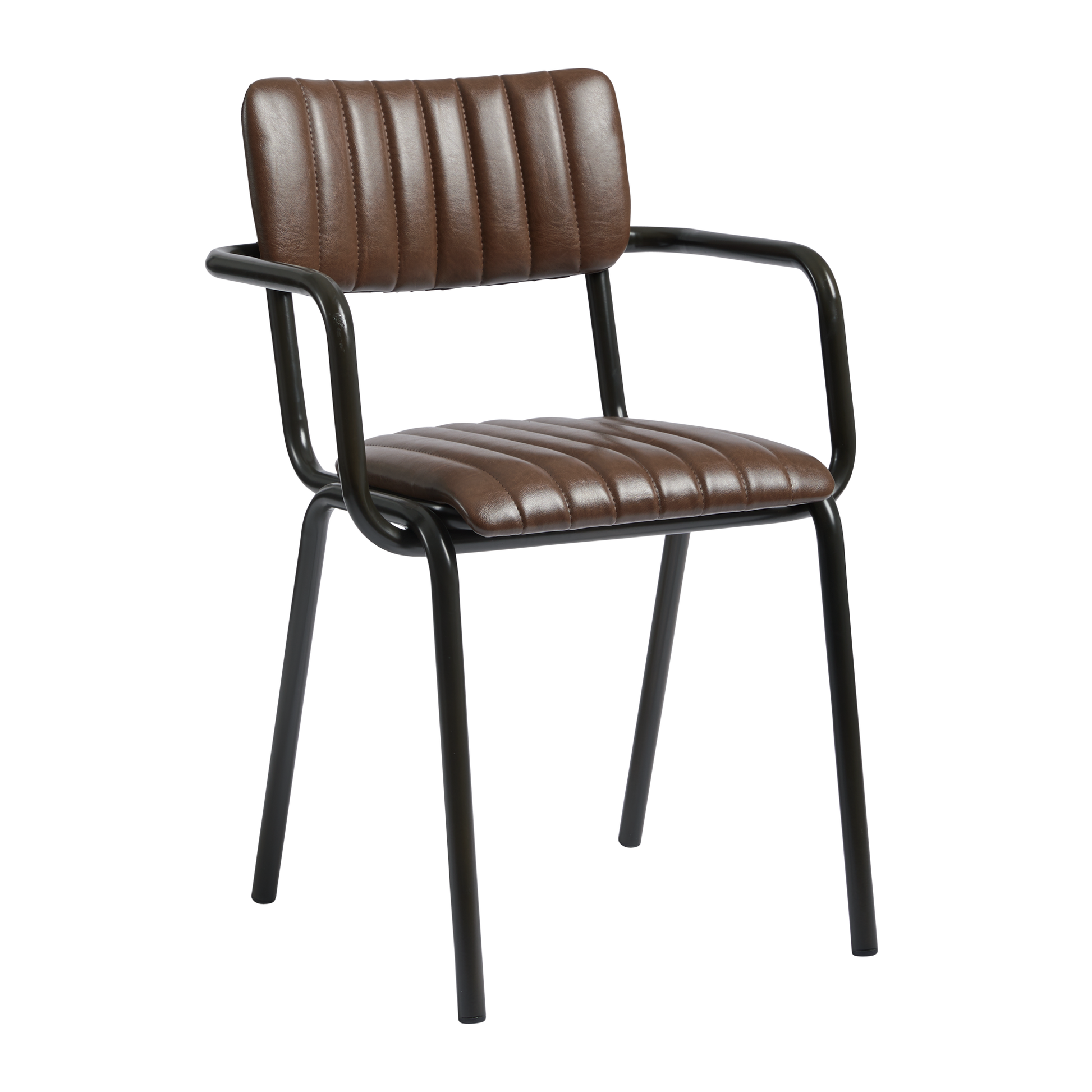 Tavo Stacking Arm Chair - Ribbed - Lascari Vintage Brown featuring ribbed vintage brown upholstery and black metal frame, designed for stylish commercial and hospitality spaces.