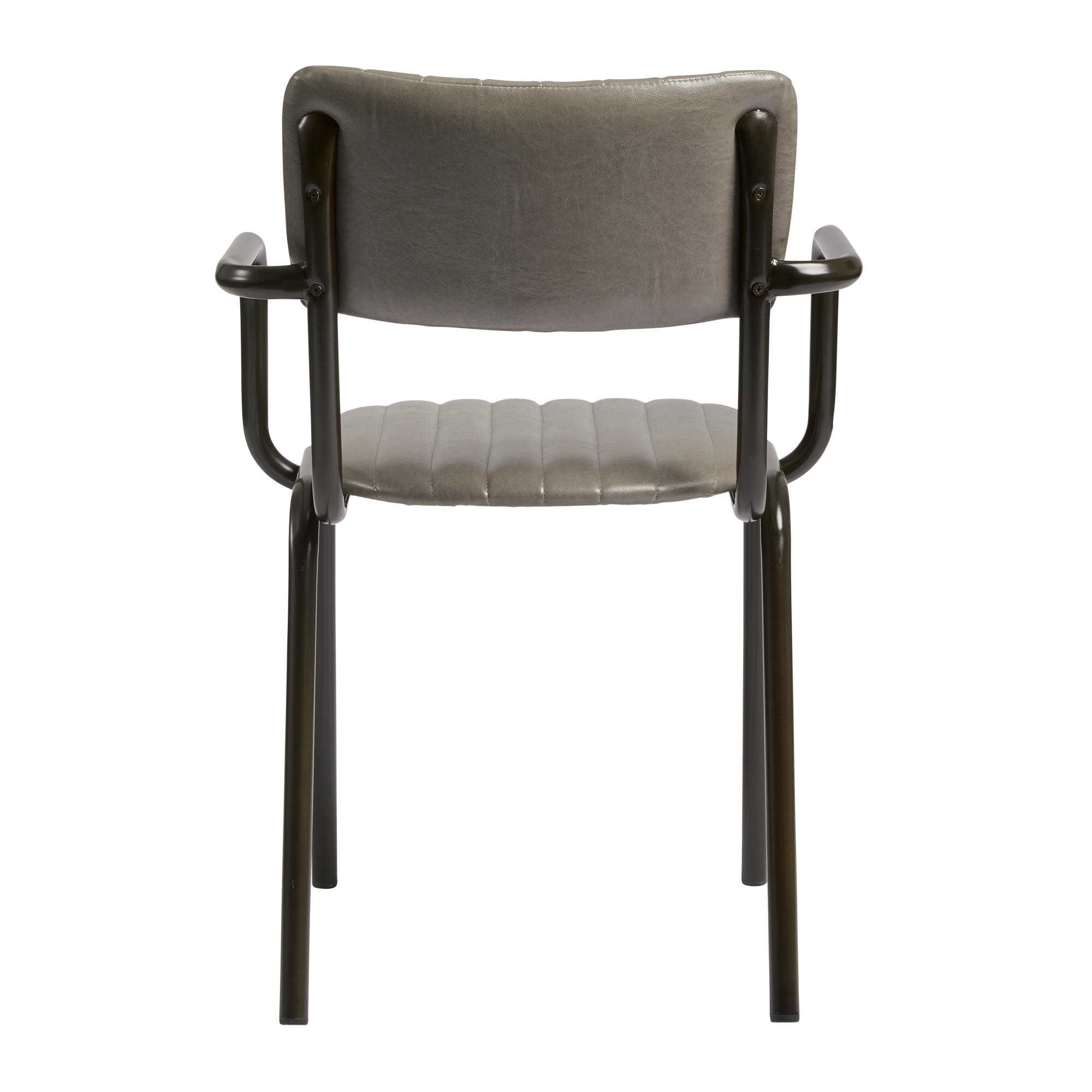 Tavo Stacking Arm Chair - Ribbed - Lascari Vintage Dark Grey with upholstered ribbed seat and backrest, supported by a sturdy black metal frame and armrests, ideal for commercial settings.
