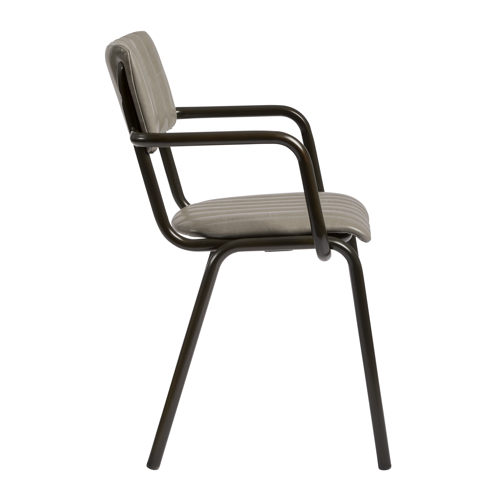 Side view of Tavo Stacking Arm Chair - Ribbed - Lascari Vintage Dark Grey featuring ribbed upholstered seat and backrest with dark metal frame and armrests, designed for commercial and hospitality use.