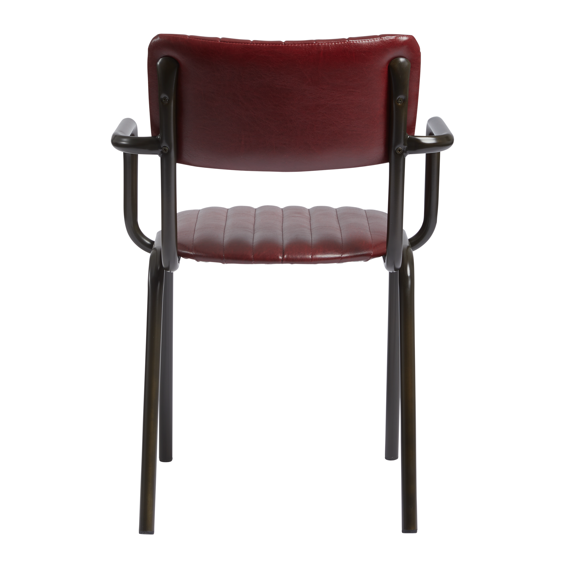 Back view of the Tavo Stacking Arm Chair - Ribbed - Lascari Vintage Red showcasing its ribbed upholstered seat and backrest with sturdy dark metal armrests and legs.